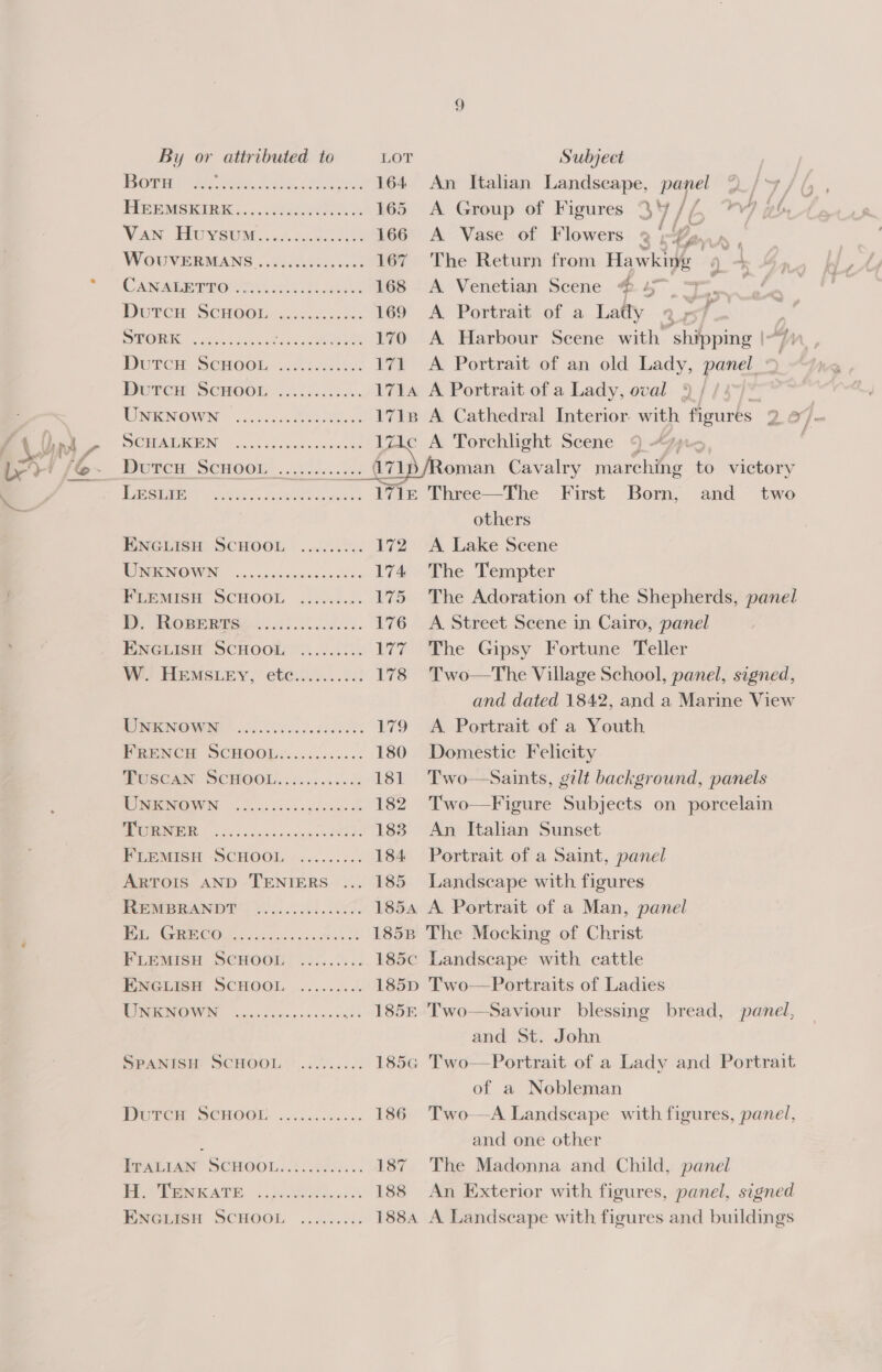 POPE ae a Soe ok OR 164. PPE MS ROI L.ac0esinetae le 165 Van. Hoveemw-. 1280024 166 WOU VERMANS .Giiietnvene 167 CA Nata eto ta et A 168 Puree SCHOOL: ..6.4 5000 169 BPO 5.28 oe cubic eee 170 DUTCH. OCHOOM: ..0.045 45 171 Derer Semon. 02. 0.6:4. L71A RNOWN © 2.2. SU 1718 CM AMSEGIENG © 20a 2) cache ss aeen a DoutcH ScHOOL PSP Oe, Ait oko a. ENGLISH SCHOOL ......... 172 WRENOWN © ac coccceecccs ods. 174 PEEMISH SCHOOL .3..c0... yes Wey OO Pererse tl eu. 176 ENGuisH SCHOOL °:.....2.. V7 W. HEMSLEY, ete.......... 178 PRON WS be I edd ee 179 PRENCH SCHOOI&lt;..........: 180 RisGax; SCHOOL. ....0..... 181 NORIGNONIVN oo ea ccs agistccee 182 OO oS. o ccnc ds cccna cote? 183 PEREMISH SCHOOL: &lt;0. 25.055 184 ARTOIS AND TENIERS 185 TE WANDE 56.00. 0. 1854 OS Ce FLEMISH SCHOOL. ......... 185c Pweiien SCHOOL .......... 185D MUCOUS ss cen ss cocnet SPANISH SCHOOL ” .:..:.... 185¢ WOTee SCHOOL: 2.222054... 186 [raLian OH OOL 6. sei &lt; 187 Sl PeaNKATE: 2. OEMS i 188 ENGLISH SCHOOL CK Cw Et MCR St 9 An Italian Landscape, panel A Group of Figures 4 ‘y / 1. ry) A Vase of Flowers 9 ‘'f Jenn Be The Return from Hawkins é) a A Venetian Scene #47. si a 7 A Portrait of a Lady ce, [ A Harbour Scene with shipping | A. Portrait of an old Lady, panel. A Portrait of a Lady, oval c A Torchlight pepe and two hers A Lake Scene The Tempter The Adoration of the Shepherds, panel A Street Scene in Cairo, panel The Gipsy Fortune Teller Two—The Village School, panel, signed, and dated 1842, and a Marine View A Portrait of a Youth Domestic Felicity Two—Saints, gilt background, panels Two—Figure Subjects on porcelain An Italian Sunset  Portrait of a Saint, panel Landscape with figures A Portrait of a Man, panel Landscape with cattle Two—Portraits of Ladies and St. John of a Nobleman Two —A Landscape with figures, panel, and one other The Madonna and Child, panel An Exterior with figures, panel, signed