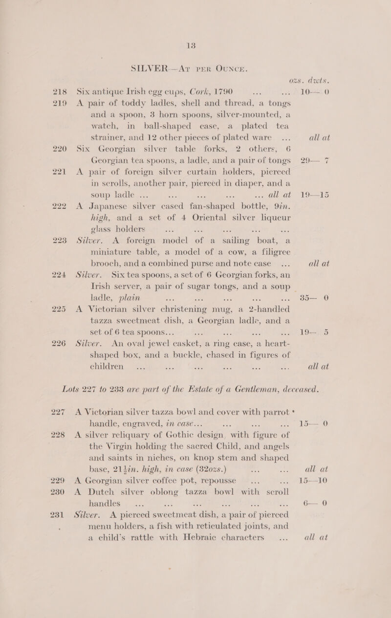 224 225 226 13 SILVER-—AtT PER OUNCE. Six antique Irish egg cups, Cork, 1790 A pair of toddy ladles, shell and thread, a ae and a spoon, 3 horn spoons, silver-mounted, a watch, in ball-shaped case, a plated tea strainer, and 12 other pieces of plated ware Six Georgian silver table forks, 2 others, 6 Georgian tea spoons, a ladle, and a pair of tongs A pair of foreign silver curtain holders, pierced in scrolls, another pair, pierced in diaper, and a soup ladle 5 ai all at A Japanese silver cased fan-shaped bottle, 92. high, and a set of 4 Oriental silver lqueur glass holders : = ; a Silver. A foreign model of a sailing Hoe a miniature table, a model of a cow, a filigree brooch, and a combined purse and note case Silver. Six tea spoons, a set of 6 Georgian forks, an ladle, plain san A Victorian silver christening mug, a 9. haber tazza sweetmeat dish, a Georgian ladle, and a set of 6 tea spoons... os oe ed Silver. An oval jewel casket, a ring case, a heart- shaped box, and a buckle, chased in figures of enildren. “GG Ae: Se; . dwts. L0==. 0 all at Lo 19=—15 all at 35— O 19=—. 5 all at handle, engraved, in case. : A silver reliquary of Gothic en: hen ‘tare nf the Virgin holding the sacred Child, and angels and saints in niches, on knop stem and shaped base, 2147in. high, in case (3202s.) A Georgian silver coffee pot, repousse A Dutch silver oblong tazza bowl with biigait handles, ... ae - Soe hs 4e. Silver. A pierced sweetmeat dish, a pair of pierced menu holders, a fish with reticulated joints, and all at 15—~10 6— 0