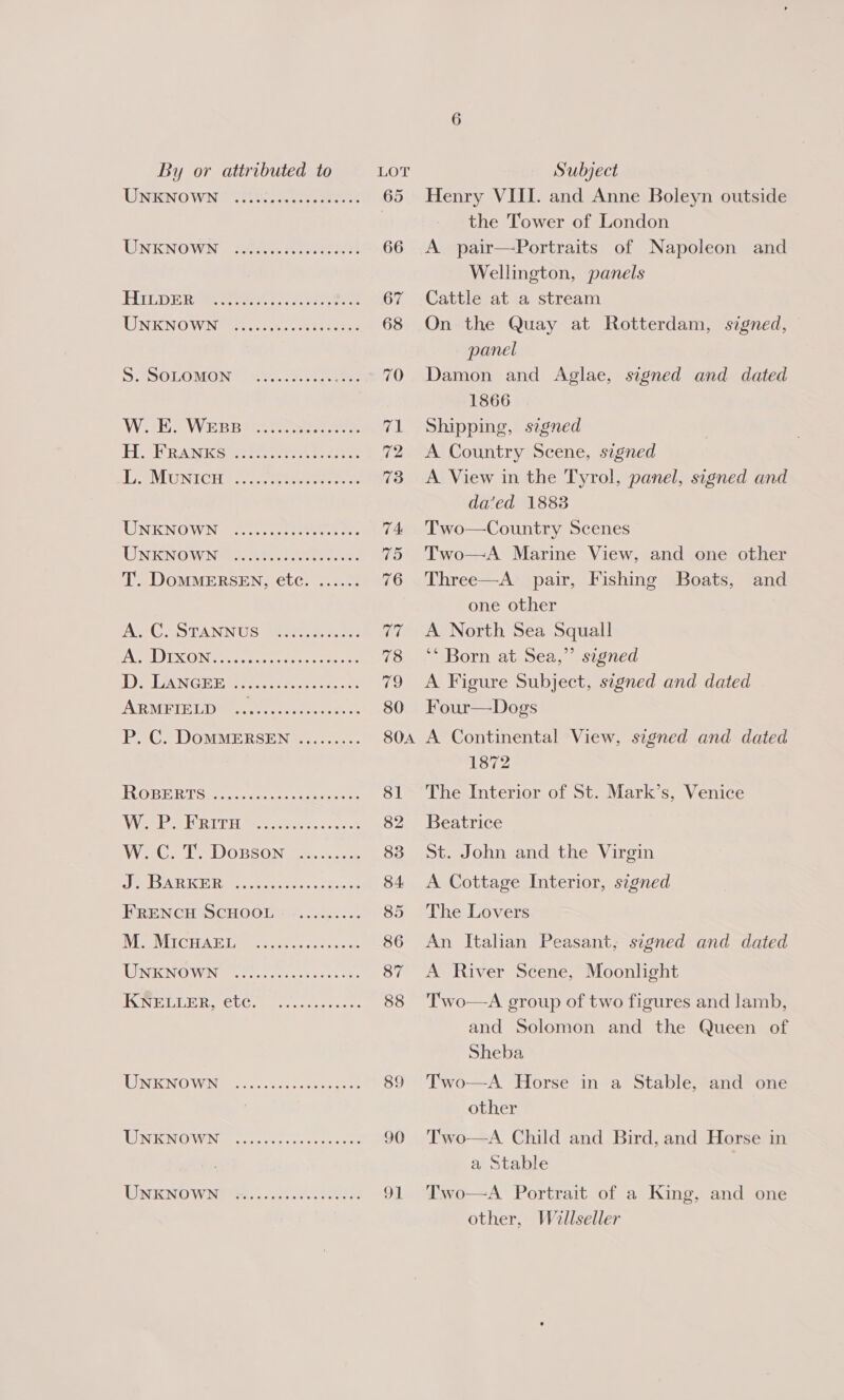 UNKNOWN UNKNOWN eooreeereereeereres eeerereoereeeeeseeeeeeee eoereeeeereeeresee eoeereeer ee eeeseon W. E. WEBB H. FRANKS L. Municu eeeererereeoreeeee eoaeceerse eee ere eeee UNKNOWN UNENOWNE ee ers eS T. DoMMERSEN, etc. ...... eooeereeeeererereeeee A. C. STANNUS (APELVEXOND ec aipee eee. Sacoes eeereereoreeeeseeon ewer ereeeoe ees eeeseereos eeeerereeseereseseen eoeeoeveeveee J. BARKER eeooeeereeeeeeeeeee FRENCH SCHOOL eeoeeeeseen M. MIcHAEL UNKNOWN eoeereeereee eer eeeeoe KNELLER, etc. eoeereereeeoree UNKNOWN eeoeee eee eee eeeeeeoe UNKNOWN eeeoeee reser eee eeee UNKNOWN Ce Henry VIII. and Anne Boleyn outside the Tower of London A pair—Portraits of Napoleon and Wellington, panels Cattle at a stream On the Quay at Rotterdam, signed, panel Damon and Aglae, signed and dated 1866 Shipping, signed A Country Scene, signed A View in the Tyrol, panel, signed and da‘ed 1883 Two—Country Scenes Two—A Marine View, and one other Three—A pair, Fishing Boats, and one other A North Sea Squall ‘* Born at Sea,” signed A Figure Subject, signed and dated Four—Dogs A Continental View, signed and dated 1872 The Interior of St. Mark’s, Venice Beatrice St. John and the Virgin A Cottage Interior, signed The Lovers An Italian Peasant, signed and dated A River Scene, Moonlight Two—A group of two figures and lamb, and Solomon and the Queen of  Sheba Two—&lt;A Horse in a Stable, and one other Two—A Child and Bird, and Horse in a Stable Two—A Portrait of a King, and one other, Waellseller