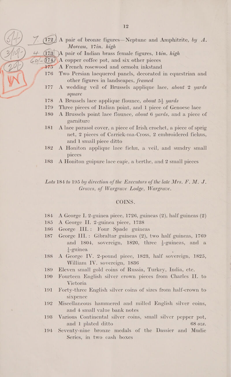 A pair of bronze figures— Neptune and Amphitrite, by A. Moreau, 17in. high ¢¢- (173) JA pair of Indian brass female figures, 14in. high 60 a / A copper coffee pot, and six other pieces es A French rosewood and ormolu inkstand ~ 176 Two Persian lacquered panels, decorated in equestrian and other figures in landscapes, framed 177 A wedding veil of Brussels applique lace, about 2 yards square 178 &lt;A Brussels lace applique flounce, about 54 yards 179 Three pieces of Italian point, and 1 piece of Genoese lace 180 A Brussels point lace flounce, about 6 yards, and a piece of garniture 181 A lace parasol cover, a piece of Irish crochet, a piece of sprig net, 2 pieces of Carrick-ma-Cross, 2 embroidered fichus, and 1 small piece ditto 182 A Honiton applique lace fichu, a veil, and sundry small pieces 183 A Honiton guipure lace cape, a berthe, and 2 small pieces   Lots 184 to 195 by direction of the Executors of the late Mrs. F. M. J. Groves, of Wargrave Lodge, Wargrave. COINS. 184 A George I. 2-guinea piece, 1726, guineas (2), half guineas (2) 185 A George II. 2-guinea piece, 1738 186 George III.: Four Spade guineas 187 George III.: Gibraltar guineas (2), two half guineas, 1769 ang 1804, sovereign, 1820, three 3-guineas, and a +-ouinea 188 A Chores IV. 2-pound piece, 1823, half sov vereign, 1825, William. IV. sovereign, 1836 189 Eleven small gold coins of Russia, Turkey, India, etc. 190 Fourteen English silver crown pieces from Charles II. to Victoria 191 Forty-three English silver coins of sizes from half-crown to sixpence 192 Miscellaneous hammered and milled English silver coins, and 4 small value bank notes 193 Various Continental silver coins, small silver pepper pot, and 1 plated ditto 68 02s. 194 Seventy-nine bronze medals of the Dassier and Mudie Series, in two cash boxes