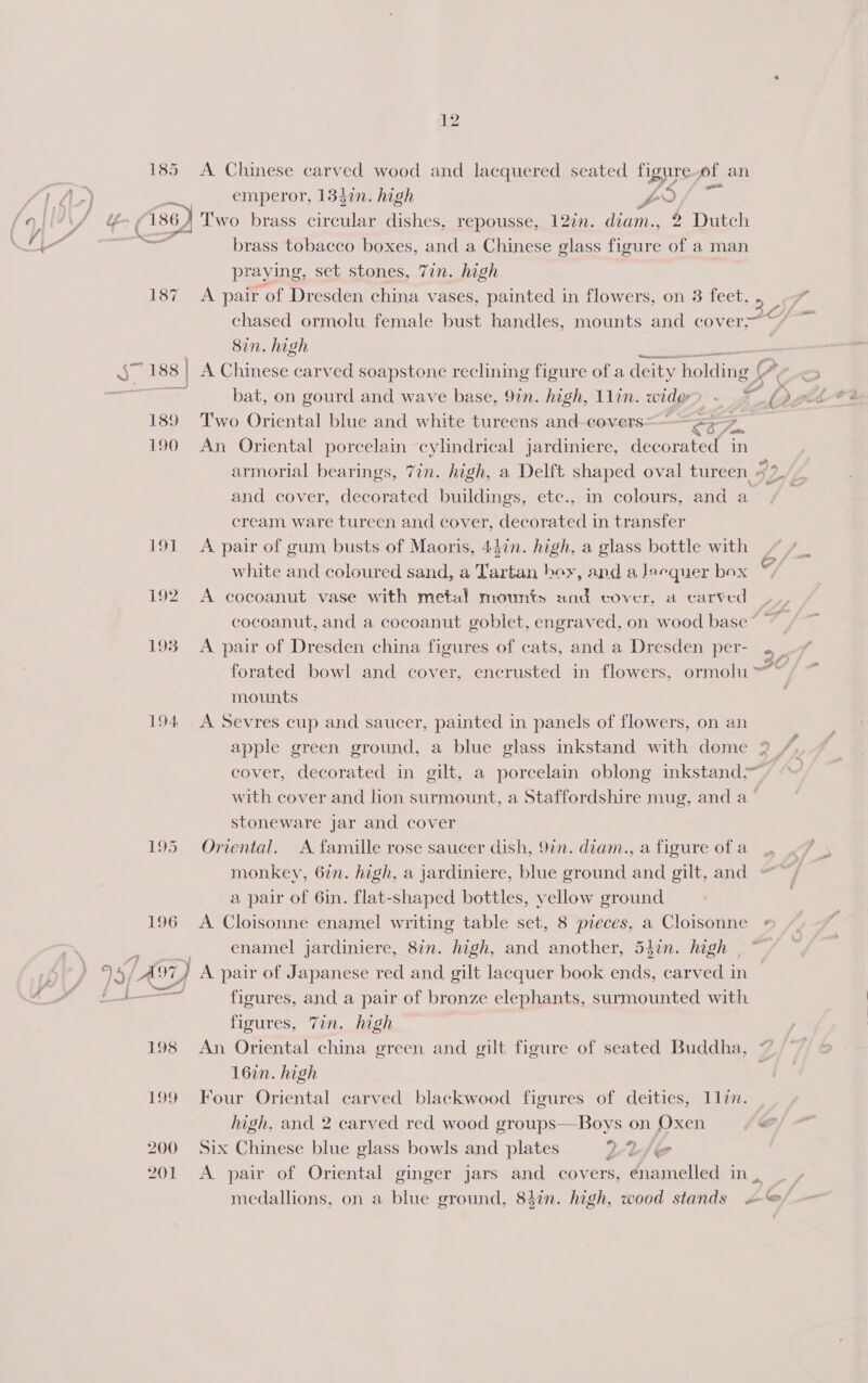 185 A Chinese carv a wood and lacquered seated ligure pt an a emperor, 1347n. high fr &gt; ¢ 186) Two brass ce dishes, repousse, 127in. diam., 2 Dutch ee brass tobacco boxes, and a Chinese glass figure of a man praying, set stones, 7in. high 187 A pair of Dresden china vases, painted in flowers, on 3 feet, &gt; chased ormolu female bust handles, mounts and cover© / 8in. high ees §~ 188 A Chinese carved soapstone reclining figure of a deity holding y bat, on gourd and wave base, 91n. high, llin. wideo ~ ~ bs 189 ‘T'wo Oriental blue and white tureens and-covers=~ &lt;3 A. 190 An Oriental porcelain cylindrical jardiniere, decorated in armorial bearings, 7in. high, a Delft shaped oval tureen, $2 and cover, decorated buildings, etc., in colours, and a cream ware tureen and cover, decorated in transfer 191 A pair of gum busts of Maoris, 44in. high, a glass bottle with white and coloured sand, a Tartan boy, and a Jaequer box 192 A cocoanut vase with metal mounts and cover, a carved fom j Jo cocoanut, and a cocoanut goblet, engraved, on wood base” 193 &lt;A pair of Dresden china figures of cats, and a Dresden per- « . i ss ee forated bowl and cover, encrusted in flowers, ormolu ~~ mounts 194 &lt;A Sevres cup and saucer, painted in panels of flowers, on an : ; ee apple green ground, a blue glass inkstand with dome 2 /, cover, decorated in gilt, a porcelain oblong inkstand;~ with cover and lion surmount, a Staffordshire mug, and a’ stoneware jar and cover 195 Oriental. A famille rose saucer dish, 9in. diam., a figure of a monkey, 67n. high, a jardiniere, blue ground and gilt, and a pair of 6in. flat-shaped bottles, yellow ground 196 A Cloisonne enamel writing table set, 8 pieces, a Cloisonne ¢ enamel jardiniere, 8in. high, and another, 54in. high | 5/- LAG7 ry A pair of Japanese red and gilt ce book ends, carved in = figures, and a pair of bronze elephants, surmounted with figures, Zin. high 198 An Oriental china green and gilt figure of seated Buddha, ~ 162n. high 199 Four Oriental carved blackwood figures of deities, 11a. high, and 2 carved red wood groups—Boys on Oxen “ 200 Six Chinese blue glass bowls and plates Le 201 &lt;A pair of Oriental ginger jars and covers, enamelled in _ medallions, on a blue ground, 84in. high, wood stands «©