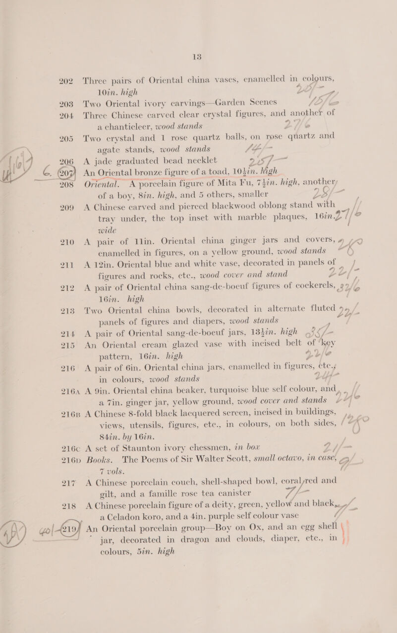 202. Three pairs of Oriental china vases, enamelled in colours, 10in. high Lo 203 Two Oriental ivory carvings—Garden Scenes Ve 204 Three Chinese carved clear crystal figures, and another of a chanticleer, wood stands y 2 205 Two crystal and 1 rose quartz balls, on rose quartz and 7 \ agate stands, wood stands SES | {s(9 4 _ 206 &lt;A jade graduated bead necklet 2465 fa uy” G (207 An Oriental bronze figure of a toad, 105 Lin. “Wagh ——~308 Oriental. A porcelain figure of Mita Fu, 7 din. high, another, of a boy, 8in. high, and 5 others, Scie LS 209 A Chinese carved and pierced blackwood oblong stand with : tray under, the top inset with marble plaques, 16in.D (/: wide ; 210 A pair of 1lin. Oriental china ginger jars and covers, # enamelled in figures, on a yellow ground, wood stands “6 211 A 12in. Oriental blue and white vase, decorated in panels of | figures and rocks, etc., wood cover and stand 2 ZL, 212 &lt;A pair of Oriental china sang-de-boeuf figures of cockerels, @ 9, 16in. high 213 Two Oriental china bowls, decorated in alternate fluted 4. panels of figures and diapers, wood stands oe 214 A pair of Oriental sang-de-boeuf jars, 134in. high SSL 215 An Oriental cream glazed vase with incised belt of ‘key pattern, 16in. high 2L/o 216 A pair of 6in. Oriental china jars, enamelled in figur es, ete. in colours, wood stands iy” 2164 A 9in. Oriental china beaker, turquoise blue self colour, and, | a 7in. ginger jar, yellow ground, wood cover and stands / 2168 A Chinese 8-fold black lacquered screen, incised in buildings, _, views, utensils, figures, etc., in colours, on both sides, / 84in. by 16in. 216c A set of Staunton ivory chessmen, in bow Z/ 216p Books. The Poems of Sir Walter Scott, small octavo, in ease, yy / 7 vols. 4 217 A Chinese porcelain couch, shell-shaped bowl, coralyred and gilt, and a famille rose tea canister to f= 218 A Chinese porcelain figure of a deity, green, yellow and black, rh a Celadon koro, and a 4in. purple self colour vase (7 / {\ jar, decorated in dragon and clouds, diaper, etc., in colours, 5in. high :