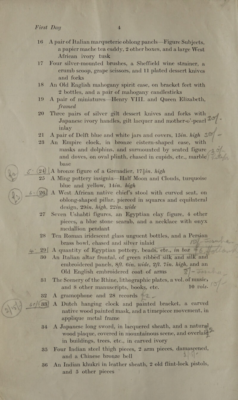 16 A pair of Italian marqueterie oblong panels—F igure Subjects, a papier mache tea caddy, 2 other boxes, and a large West African ivory tusk 17 Four silver-mounted brushes, a Sheffield wine strainer, a crumb scoop, grape scissors, and 11 plated dessert knives and forks 18 An Old English mahogany spirit case, on bracket feet with 2 bottles, and a pair of mahogany candlesticks 19 A pair of miniatures—Henry VIII. and Queen Elizabeth, framed 20 Three pairs of silver gilt dessert knives and forks with Japanese ivory handles, gilt lacquer and mother-o’-pear] 207 - inlay 21. &lt;A pair of Delft blue and white jars and covers, 15in. high 3 38 - 23 An Empire clock, in bronze cistern-shaped case, with ° masks and dolphins, and surmounted by seated figure -s of and doves, on oval plinth, chased in cupids, ete., marble). base 4) (A bronze figure of a Grenadier, 17}in. high 25 A Ming pottery insignia—Half Moon and Clouds, turquoise blue and yellow, 14in. high _ br 26) A West African native chief’s stool with curved seat, on oblong-shaped pillar, pierced in squares and equilateral design, 29in. high, 22in. wide 27 Seven Ushabti figures, an Egyptian clay figure, 4 other pieces, a blue stone scarab, and a necklace with onyx medallion pendant 28 Ten Roman iridescent glass unguent bottles, and a Persian brass bowl, chased and silver inlaid a em 4° 29{ A quantity of Egyptian pottery, beads, ete., in bow Ere! 30 An Italian altar frontal, of green ribbed silk and silk and embroidered panels, 8ft. 6in. wide, 2ft. Tin. high, and an  Old English embroidered coat of arms SV i- ous 31 The Scenery of the Rhine, lithographic plates, a vol. of music, | and 8 other manuscripts, books, ete. 10 vols. 32 A gramophone and 28 records 2 ~ — bof ¢33} A Dutch hanging clock and painted bracket, a carved native wood painted mask, and a timepiece movement, in applique metal frame 34 A Japanese long sword, in lacquered sheath, and a natural. wood plaque, covered in mountainous scene, and overlait in buildings, trees, etc., in carved ivory 35 Four Indian steel thigh pieces, 2 arm pieces, eoeecucd, and a Chinese bronze bell 2)'9}¢ 36 An Indian khukri in leather sheath, 2 old flint-lock pistols,