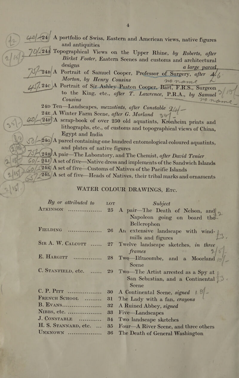 ? Cpb| #24) A portfolio of Swiss, Eastern and American views, native figures ; and antiquities : | 7O/- 244 Topographical Views on the Upper Rhine, by Roberts, after Bee eae Birket Foster, Eastern Scenes and customs and architectural ; designs a large AY/ “248; A Portrait of Samuel Cooper, Professor of Surgery, after Ad /, _ Morton, by Henry Cousins VO T2791 : fo  aw 4 OLA Portrait of SirAshley. Paston Cooper, Bart, FRS.; Surgeon _ - to the King, etc., after T. Lawrence, P.R.A., by Samuel“) ~ Cousins en OO He rk i 24D Ten—Landscapes, mezzotints, after Constable Vf — 245 A Winter Farm Scene, after G. Morland ye / a. | “D/--(248)A scrap-book of over 250 old aquatints, Kronheim prints and i lithographs, etc., of customs and topographical views of China, / Egypt and India Ke S$ O/ £40) A parcel containing one hundred entomological coloured aquatints, — O\\e3 yo and plates of native figures w ue’ 75H ‘24n) A pair—The Laboratory, and The Chemist, after David Tenier . 16h Go/- 245) A set of five—Native dress and implements of the Sandwich Islands mune st ko [Ls 241) A set of five—Customs of Natives of the Pacific Islands / (7 (24b) A set of five—Heads of Natives, their tribal marks and ornaments &gt; &gt; — -_ -——f \b WATER COLOUR DRAWINGS, Erc.  » Lik By or attributed to LOT Subject D.TMINSONAES........epebvt.. 25 A pair—TIhe Death of Nelson, and]. Napoleon going on board the Bellerophon ETE LDING a. «&lt;csetinuss. 26 An extensive landscape with wind- }. mills and figures f sir A. W. CaLcorr. ...... 27 Twelve landscape sketches, in three, , frames 2 9 |}. EMA RGTETs vi, Ee. yo. 28 Two—Ilfracombe, and a Moorland xf Scene C. STANFIELD, etc. ...... 29 Two—tThe Artist arrested as a Spy at | , San Sebastian, and a Continental Jv ( Scene , Cee Career iets... aes 30 A Continental Scene, signed | of - FRENCH SCHOOL ......... 31 The Lady with a fan, crayons AS SIUWANS teeny, ..... ce 32 &lt;A Ruined Abbey, signed INEBBS, 6c.) Pitewi sc handed 33 Five—Landscapes J. WOONSTABLE © a, sient iii 34 ‘Two landscape sketches H. S. STanNARD, etc. .... 85 Four—A River Scene, and three others UONKNOWDN. &lt;.;epe..ses.. 36 The Death of General Washington