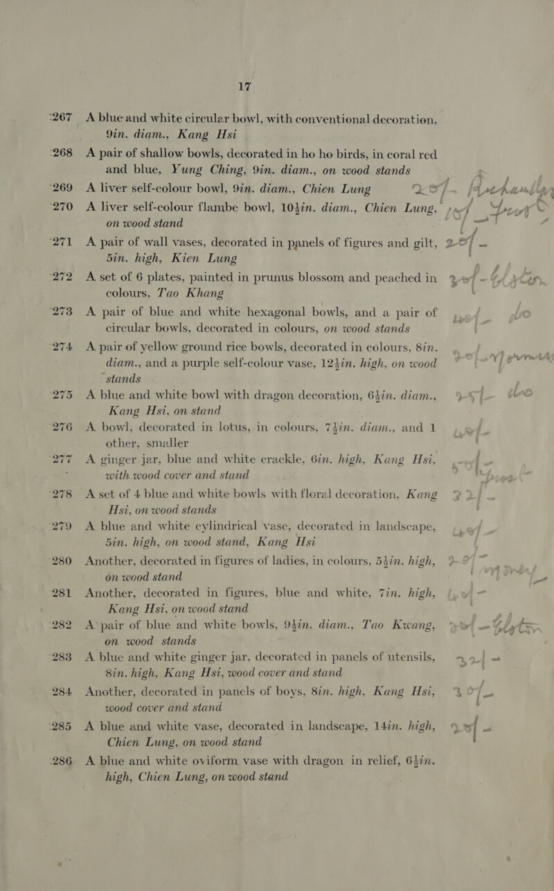 ‘267 268 ‘269 ‘270 (284 ‘285 286 leg A blue and white circular bowl, with conventional decoration, Gin. diam., Kang Hsi A pair of shallow bowls, decorated in ho ho birds, in coral red and blue, Yung Ching, 9in. diam., on wood stands A liver self-colour bowl, 9in. diam., Chien Lung Vol. farthrnrn A liver self-colour flambe bowl, 10}in. diam., Chien Lung, prof “Lego on wood stand : A pair of wall vases, decorated in panels of figures and gilt, 2 es} iS 5in. high, Kien Lung colours, Tao Khang A pair of blue and white hexagonal bowls, and a pair of circular bowls, decorated in colours, on wood stands A. pair of yellow ground rice bowls, decorated in colours, 87n. diam., and a purple self-colour vase, 124in. high, on wood ‘stands A blue and white bowl with dragon decoration, 64in. diam., ) Kang Hsi, on stand A. bowl, decorated in lotus, in colours, 74in. diam., and 1 other, smaller A ginger jar, blue and white crackle, 6in. high, Kang Hsi, with wood cover and stand A set of 4 blue and white bowls with floral decoration, Kang Hsi, on wood stands A blue and white cylindrical vase, decorated in landscape, 5in. high, on wood stand, Kang Hsi Another, decorated in figures of ladies, in colours, 537n. high, on wood stand Another, decorated in figures, blue and white, 7in. high, Kang Hsi, on wood stand A pair of blue and white bowls, 942m. diam., Tao Kwang, yi ao ¥, on wood stands : A blue and white ginger Jar, decorated in panels of utensils, a 9.) = Sin. high, Kang Hsi, wood cover and stand ee 3 Another, decorated in panels of boys, 8in. high, Kang Hsi, wood cover and stand A blue and white vase, decorated in landscape, 147n. high, %\% | os Chien Lung, on wood stand A blue and white oviform vase with dragon in relief, 6477. high, Chien Lung, on wood stand