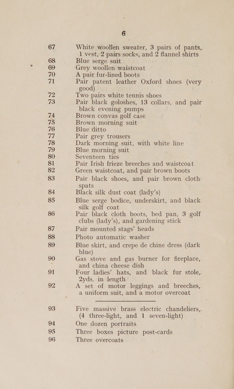 «67 68 69 70 71 72 73 74 75 76 vi 78 79 80 81 82 83 84 85 86 87 88 89 90 91 92 93 94 95 96 6 White woollen sweater, 3 pairs of pants, 1 vest, 2 pairs socks, and 2 flannel shirts Blue serge suit A pair fur-lined boots Pair patent leather Oxford shoes (very good) ; | Two pairs white tennis shoes Pair black goloshes, 13 collars, and pair black evening pumps Brown convas golf case Brown morning suit Blue ditto Pair grey trousers Dark morning suit, with white line Blue morning suit Seventeen ties Pair Irish frieze breeches and waistcoat Green waistcoat, and pair brown boots Pair black shoes, and pair brown cloth Spats : Black silk dust coat (lady’s) Blue serge bodice, underskirt, and black silk golf coat Pair black cloth boots, bed pan, 3 golf clubs (lady’s), and gardening stick Pair mounted stags’ heads Photo automatic washer Blue skirt, and crepe de chine dress (dark blue) Gas stove and gas burner for fireplace,. and china cheese dish Four ladies’ hats, and black fur stole,. 2yds. in length | | A set of motor leggings and breeches, a uniform suit, and a motor overcoat Five massive brass electric chandeliers,. (4 three-light, and 1 seven-light) One dozen portraits Three boxes picture post-cards Three overcoats