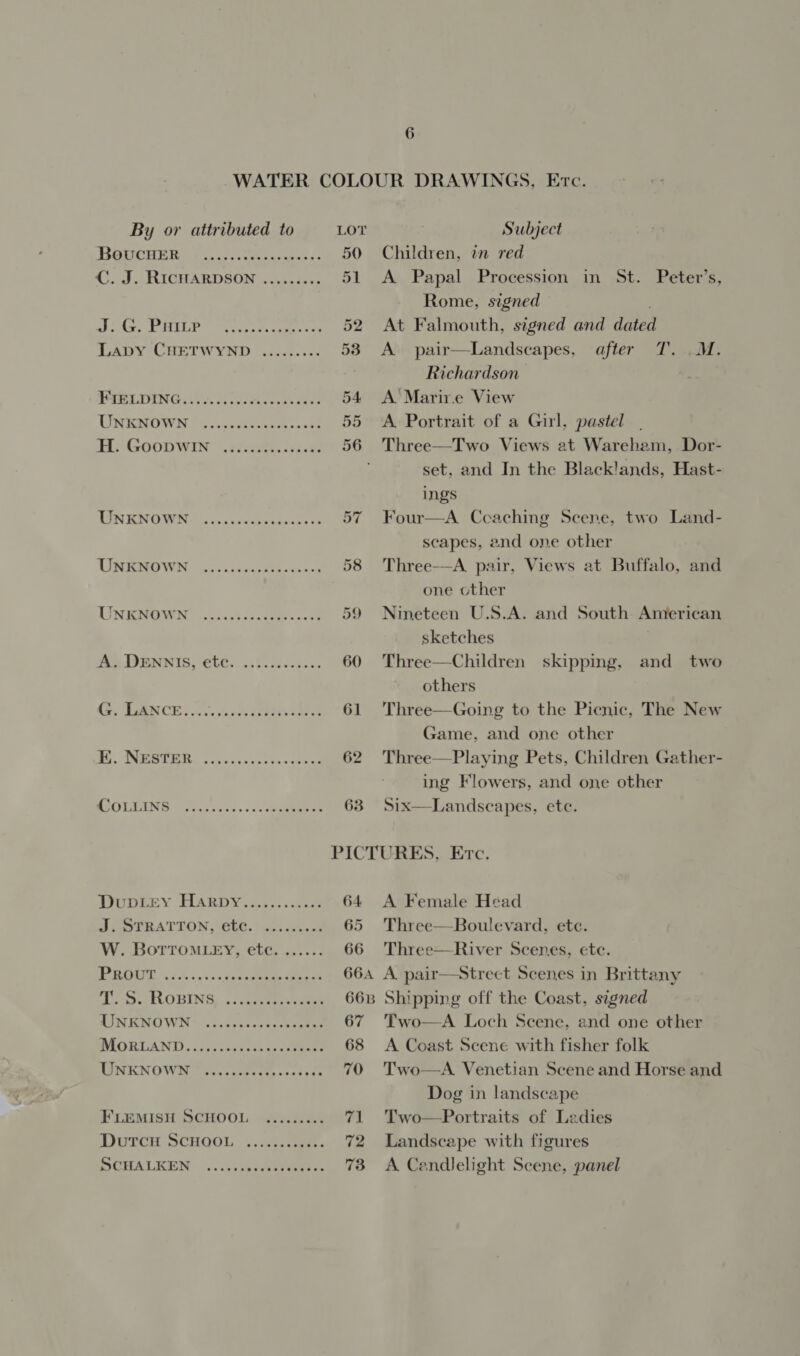 WATER COLOUR DRAWINGS, Etc. By or attributed to LOT Subject BOUCuER (....cee 50 Children, in red (.. J., RICHARDSON «2.3.5... 51 A Papal Procession in St. Peter’s, Rome, signed aE ILE Sere es cy ere cas 52 At Falmouth, signed and dated Lapy CHETWYND ........: 538 A pair—Landscapes, after T. .M. Richardson PAULING 150, i3 coke ve aoe 54 <A’Marir.e View URENOWW Py. ccteesee te soot 55 A Portrait of a Girl, pastel H;‘GooDWIN .<fe. iis. 56 Three—Two Views at Wareham, Dor- set, and In the Blacklands, Hast- ings TIN ENG WN) voy fore cence es 57 Four—A Ccaching Scene, two Land- scapes, and one other UNBMOWN oasis eorete «000 58 Three—A pair, Views at Buffalo, and one other LINEMOWN nso svesseiees sere 59 Nineteen U.S.A. and South American sketches Ae DENNIS, ete. ..0.26 2-5-4. 60 Three—Children skipping, and two others 45 LANCE y 0s envi ctbies daeet 61 Three—Going to the Picnic, The New Game, and one other Bi. INE PIEE oie css pois = cbt 62 Three—Playing Pets, Children Gather- ing Flowers, and one other POULING sents... eee 63 Six—Landscapes, ete. PICTURES, Etc. Dureecy HARDY. 14...sset 64 A Female Head J STRATTON, \Gte. | ees eeu 65 Three—Boulevard, etc. W. BoTroMLEyY, etc. ...... 66 Three—River Scenes, ete. PROUT 4+ ,t.s tees eee 664A A pair—Strect Scenes in Brittany Do TROBING, ./ ages ye 66B Shipping off the Coast, signed MINENOWN* .Gsctucvevashenne 67 'Two—A Loch Scene, and one other WIORUAND., cic. cass. cocekeere 68 A Coast Scene with fisher folk MENKNOWD “sees suetane stands 70 Two—A Venetian Scene and Horse and Dog in landscape FLEMISH SCHOOL -¥..<d.;.- 71 Two—Portraits of Ladies DUTCH SCHOOL: ..;a).cen. 72 Landscape with figures SCHALKEN |. ..viayaceoiet ss 73° A Candlelight Scene, panel