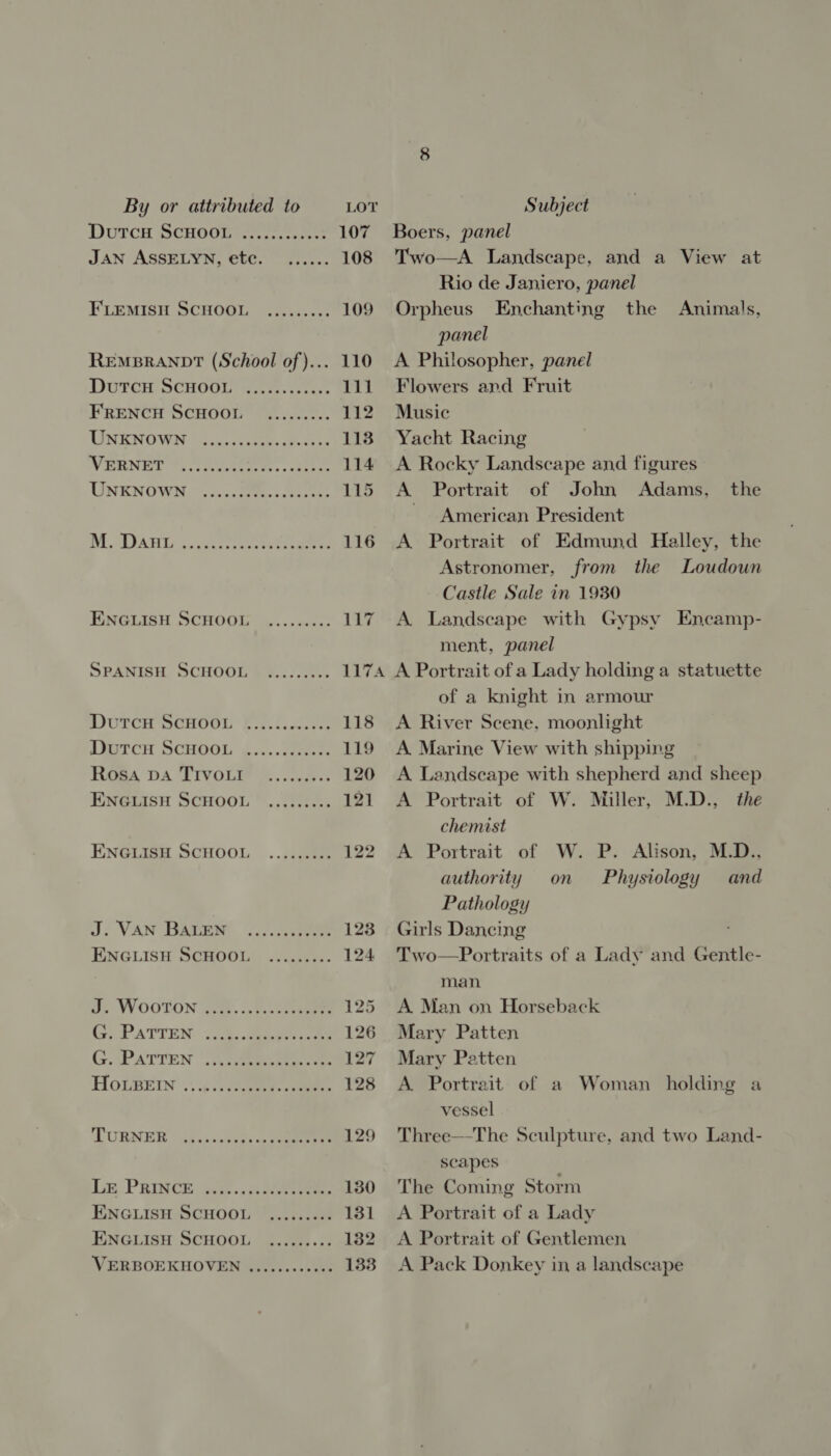 DutcH SCHOOL ....:......; 107 JAN ASSELYN, etc. ...... 108 FLEMISH SCHOOL ......... 109 REMBRANDT (School of)... 110 Doren SCHOOL’ =the rc. 111 FRENCH SCHOOL ......... 112 LINE NOWN: =4.05.0sbee tees 1138 VERNEY | 20S. ee 114 UNKNOWN.*....: Bee 115 MM DAWU | cree eee 116 ENGLISH SCHOOL «...50c-- 1 SPANISH SCHOOL ......... 117A DUTCH PCHOOL Pei. feels. 118 itercH SCHOOL £....202: 119 HiuGea DA TTVOLE? 3... S:. 120 ENGLISH SCHOOL .......:. 121 ENGLISH SCHOOL ...:..022 122 J, VAN Barter 2). ae 123 ENGLISH SCHOOL .....<... 124 ay WOOTON on. teeta 125 52 PATTEN ~ccescseeeets ck 126 Gs tPATTEN ‘| AS eeeace ee 127 HOLBEIN 04. 5 eee ee 128 TURNER (iy. cccvees snp teeee 129 Le. PRINCE av... nse, 130 ENGLISH SCHOOL .......-. 131 ENGLISH SCHOOL .......:. 1382 VERBOEKHOVEN sicte ses eee 133 Boers, panel Two—A Landscape, and a View at Rio de Janiero, panel Orpheus Enchanting the Animals, panel A Philosopher, panel Flowers and Fruit Music Yacht Racing A Rocky Landscape and figures A Portrait of John Adams, the American President A Portrait of Edmund Halley, the Astronomer, from the Loudoun Castle Sale in 1930 A Landscape with Gypsy Encamp- ment, panel A Portrait of a Lady holding a statuette of a knight in armour A River Scene, moonlight A Marine View with shipping A Landscape with shepherd and sheep A Portrait of W. Miller, M.D., the chemist A Portrait of W. P. Alison, M.D., authority on Physiology and Pathology Girls Dancing Two—Portraits of a Lady and Gentle- man A. Man on Horseback Mary Patten Mary Patten A. Portrait of a Woman holding a vessel Three—The Sculpture, and two Land- scapes The Coming Storm A Portrait of a Lady A Portrait of Gentlemen A Pack Donkey in a landscape