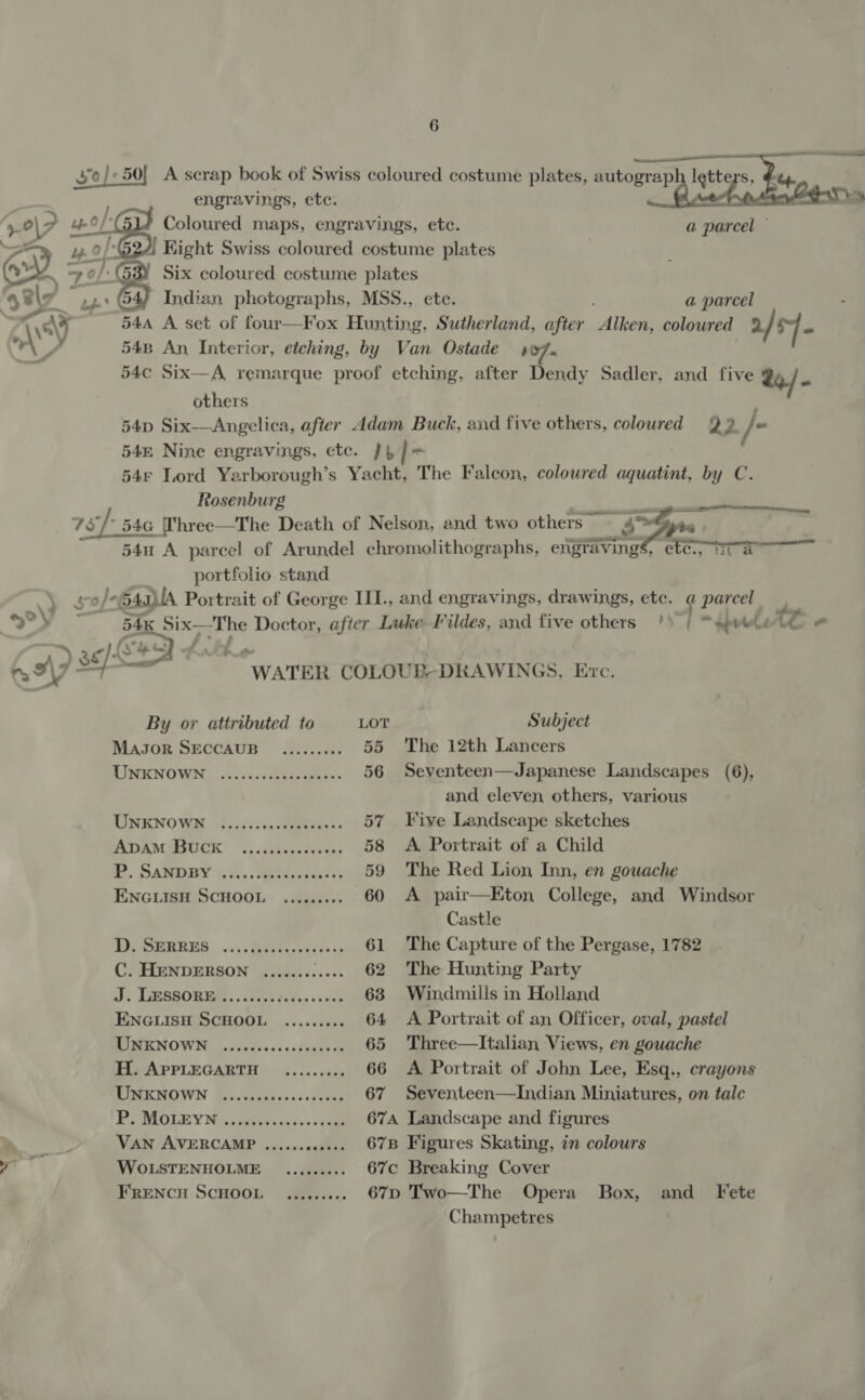  engravings, ete. s0/-50{ A scrap book of Swiss coloured costume plates, pace: pw we platters. Pea  pO Coloured maps, engravings, etc. a parcel © 2 0) 524i Hight Swiss coloured costume plates | oe = of: as Six coloured costume plates ya.» 642 Indian photographs, MSS., ete. a parcel : Cis 544 A set of four—Fox Hunting, Sutherland, after Aen coloured 2/ ~. on 548 An Interior, etching, by Van Ostade 147.. 54c Six—A remarque proof etching, after Dendy Sadler, and five 24/- others 54D Six-—Angelica, after Adam Buck, and five others, coloured 92 /- 545 Nine engravings, etc. Jt 54r Lord Yarborough’s Yacht, The Falcon, coloured fates by C. Rosenburg =~ MR Hine 4s rs] 5s 54G (hree—The Death of Nelson, and two others 4 54 A parcel of Arundel chromolithographs, engravings, etc., fn portfolio stand so} 54a IA Portrait of George III., and engravings, drawings, etc. @ parcel 3 x et ae 54K pinege he Doctor, after Luke Fildes, and five others /) | “sgt Le o fo? ) s6f— WATER COLOUB-DRAWINGS, Evrc. By or attributed to LOT Subject MAJOR SECCAUB _......05. 55 The 12th Lancers AINKNOWN:. &lt;4 ici.0 ads ieee 56 Seventeen—Japanese Landscapes (6), and eleven others, various TENIENO Wal 25, 50.4 ees 57 Five Landscape sketches ADAM MOCK %, iSiercdevae 58 A Portrait of a Child it. DANDBY s Ai. ttec eens 59 The Red Lion Inn, en gouache ENGLISH SCHOOL ......... 60 A pair—Eton College, and Windsor Castle PD, SERRES 0... has -weeisii 61 The Capture of the Pergase, 1782 C. HENDERSON ............. 62 The Hunting Party J. LRS8OREE...25. ate, «en 63 Windmills in Holland ENGLISH SCHOOL ......... 64 A Portrait of an Officer, oval, pastel EN OWN: 4. diveei sss sspuant is 65 Three—lItalian Views, en gouache H. APPLEGARTH ......... 66 &lt;A Portrait of John Lee, Esq., crayons MIMKMOWN Sos ccatiacssscscune 67 Seventeen—Indian Miniatures, on talc PSMOLEY N geigees nese. same 67A Landscape and figures ) VAN AVERCAMP ......e0008- 67B Figures Skating, in colours WOLSTENHOLME _......... 67c Breaking Cover FRENCH SCHOOL ,.....+.. 67D Two—The Opera Box, and Fete Champetres