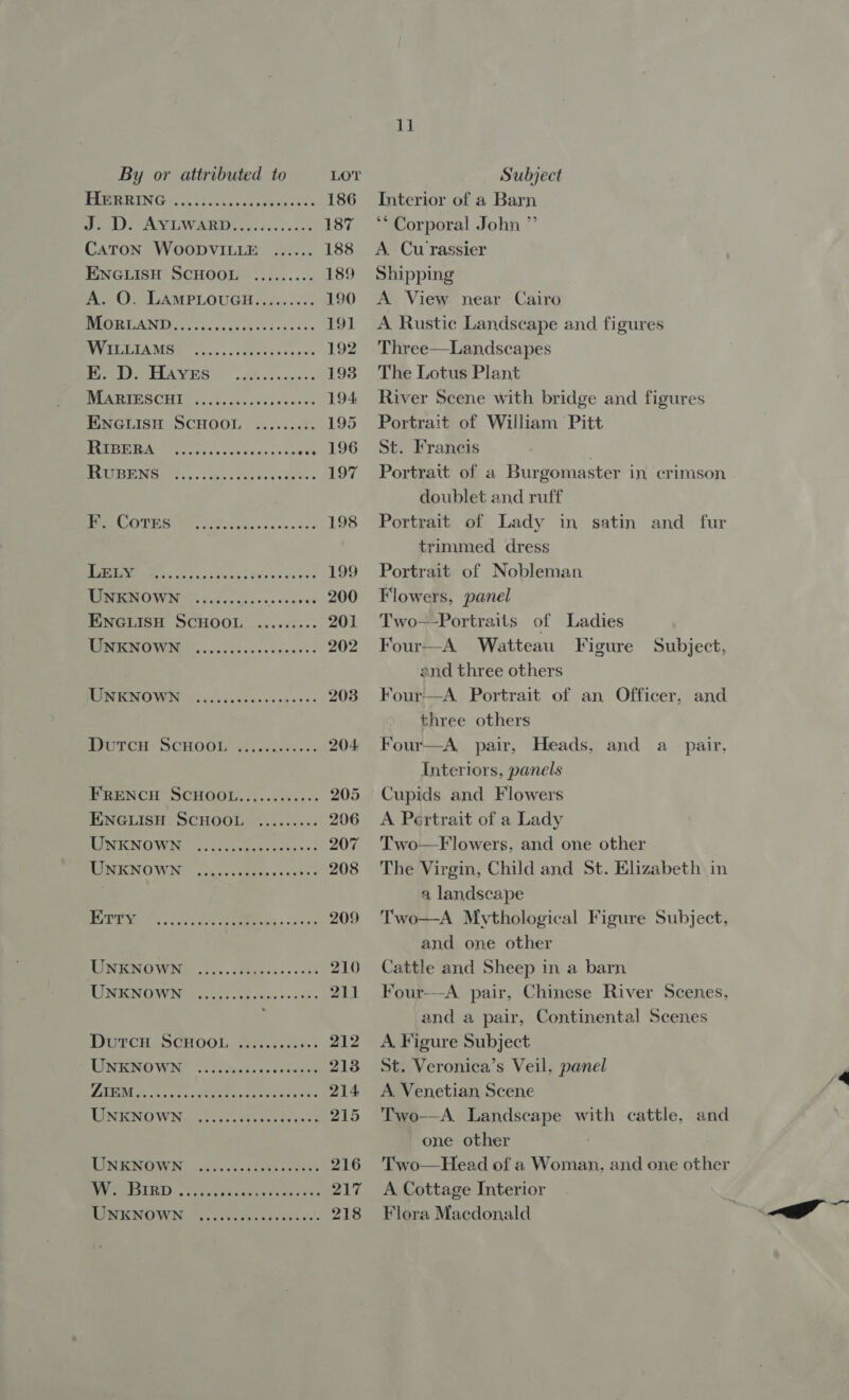 BUMPING $, oho oes aren 186 Sle LAMINAR ES eos 5008 187 CATON WOODVILLE ...... 188 ENGLISH SCHOOL ......... 189 Pot). A MPLOUGE case ace 190 BIGREAN TIC... ccc: i tik 191 WiGEASLA MON... aoe cs dooce 192 Bere TAA NRS Bec cesea 193 MEAHTESCHIE: sv ck so. ov) voueee 194 PAGLISH SCHOOL s.0:is4. 195 UPS 1 ea nee Patan raaean SEL U6 ATOR, .'s abicerk cok ieee 197 BAGO TES ey Ss Gi ca cw a dake 198 LSS ea ee 199 PR TeRTOW ISA: fad ys ch dene ssvewe 200 ENGLISH SCHOOL ......... 201 MPR OW 6 ook c gai ve cnowais 202 BROW oe eo ccc kbaace 203 erred: SCHOOL oe nus 204 FRENCH SCHOOL.......:..-: 205 ENGLISH. SCHOOL ......... 206 RN NONUING &lt;7 Fats oak dks es 207 TR ENOWIN 2s vai es veces 208 Rea Be. Poe. case 209 SORRY cb... Pees oe 210 BT IICMOINIG doe ie ss ook s 211 DPC, SCHOOL oe. neckis: 212 TION WIN. ov aitedis eer estas 210 TAT cel, « Sage ree ee 214 LINEN WING to. eee ke 215 INEM WIN: —nc'cs cs carta scvens 216 SO RA TLE 8 Ne) Pia ans ee aa 217 MOVIE MOWIN 9. Coes sails 218 11 Interior of a Barn ‘* Corporal John ” A. Cu rassier Shipping A View near Cairo A Rustic Landscape and figures Three—Landscapes The Lotus Plant River Scene with bridge and figures Portrait of William Pitt St. Francis | Portrait of a Burgomaster in crimson doublet and ruff Portrait of Lady in satin and fur trimmed dress Portrait of Nobleman Flowers, panel Two—-Portraits of Ladies Four—A Watteau Figure Subject, end three others Four—A. Portrait of an Officer. and three others Four—A pair, Heads, and a_ pair, Interiors, panels Cupids and Flowers A Pertrait of a Lady Two—F lowers, and one other The Virgin, Child and St. Elizabeth in a landscape Two—A Mythological Figure Subject, and one other Cattle and Sheep in a barn Four-—-A pair, Chinese River Scenes, and a pair, Continental Scenes A. Figure Subject St. Veronica’s Veil. panel A. Venetian Scene Two—-A Landscape with cattle, and one other Two—Head of a Woman, and one other A Cottage Interior Flora Macdonald /@