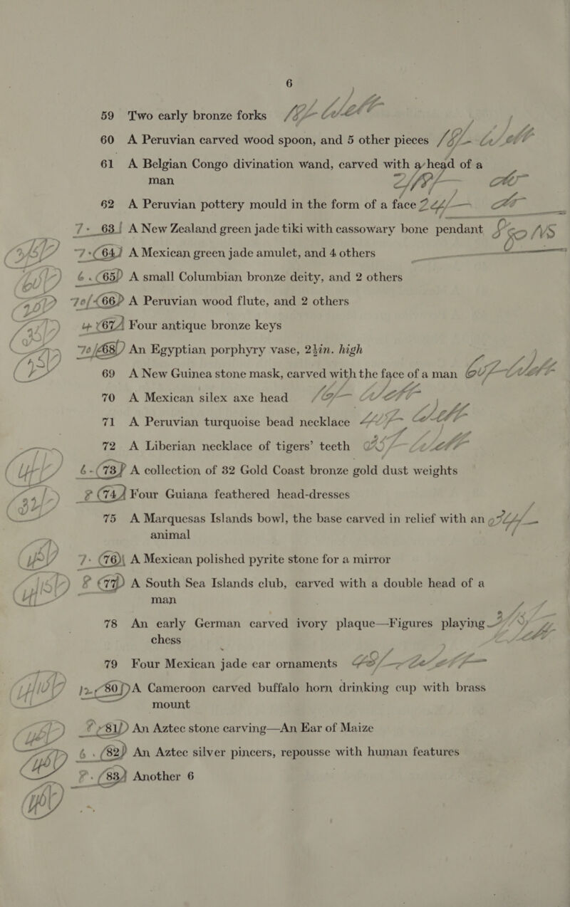 ee, es Sf 59 Two early bronze forks lif LOS ff | 4 60 A Peruvian carved wood spoon, and 5 other pieces J gf, Le ‘Ob 61 A Belgian Congo divination wand, carved ee gr of a man. LS 62 A Peruvian pottery mould in the form of a £08 244 — yes 7 f Ve - 63) A New Zealand green jade tiki with cassowary bone pendant tat Fo NS NS SY 7 (64) A Mexican green jade amulet, and 4 others ke ) 6.65) A small Columbian bronze deity, and 2 others ‘ &gt; of 66) A Peruvian wood flute, and 2 others yy ge ee ie - (674 Four antique bronze keys AA &gt;) 70 6B) An Egyptian porphyry vase, 24in. high fA) hy he ( ae 69 A New Guinea stone mask, carved poe the face bs aman tLe “t at A, 70 A Mexican silex axe head /(OY%— CY Lg . é AZ ¢ A f Chile 71 A Peruvian turquoise bead necking SOF ae re ; | ws Ll ——~~ 72 A Liberian necklace of tigers’ teeth 0%5 /- (¢&lt;ee7— ( LY} 3 / (6. fa A collection of 832 Gold Coast bronze gold dust weights aad 5 My 44 ¥our Guiana feathered head-dresses Noi, ie / ae 75 A Marquesas Islands bowl, the base carved in relief with an ot | animal aS , : yo 7: (76) A Mexican polished pyrite stone for a mirror ahr ) &amp; «77 A South Sea Islands club, carved with a double head of a : Limi Js . : Ai man 3 y 78 An early German carved ivory plaque—Figures playing 7 ! Y J- La o chess i ; t20/ Sg 3! Kf. 79 Four Mexican jade ear ornaments (&amp;@/—p ce 7 /— LHlV 7 )2.SODA Cameroon carved buffalo horn drinking cup with brass Al mount ) ¥y81— An Aztec stone carving—An Ear of Maize 4 ap Peay te } ' ; (2) An Aztec silver pincers, repousse with hwnan features 83) Another 6 |