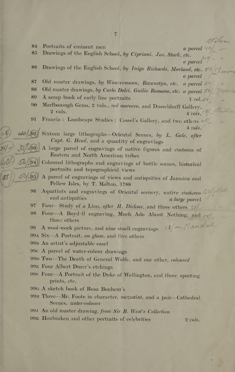 84 Portraits of eminent men a parcel “ 85 - Drawings of the English School, by Cipriani, Jas. Stark. ete. ae 5 a parcel 86 Drawings of the English School, by I nigo Richards, Morland, ete. 3-2/7 veh tiles a parcel ee 87 Old master drawings, by Wouvermann, Ravenstyn, ete. a parcel &amp;° 88 Old master drawings, by Carlo Dolci, Guilio Romano, etc. a parcel 3° 89 A scrap book of early line portraits 1 vol..s-6 / 90 Marlborough Gems. 2 vols.. red morocco, and Dusseldorff Gallery, — 2 vols. vols.‘ ° 91 Francia: Landscape Studies: Cassel’s Gallery, and two others « Vaan : 4 vols. Lf.) <fo/. 2) Sixteen large lithographs—Oriental Scenes, by L. Gale, after ea Capt. G. Head, and a quantity of engravings 36/7 Ay \/-8) | A. large parcel of engravings of native figures and customs of oe Eastern and North American, tribes Gi)? S6/ (94 94) Coloured lithographs and engravings of battle scenes. historical i portraits and topographical views ~. Pal Bude /.95) A parcel of engravings of views and antiquities of Jamaica and ti Pellew Isles. by T. Malton, 1788 96 Aquatints and engravings of Oriental scenery, native customs ¢ and antiquities | a large parcel 97 Four——Study of a Lion, after H. Dicksee, and three others 247 AY 98 Four—A Boydell engraving, Much Ado About Nothing, and /« three others 99 A wool-work picture, and nine small engravings / B/ aa} § OU 994 Six—A Portrait, on glass. and five others 99B An artist’s adjustable easel 99c A parcel of water-colour drawings 99D Two—The Death of General Wolfe. and one other, coloured 99E Four Albert Durer’s etchings 99¥ Four—A Portrait of the Duke of Wellington. and three sporting prints, ete. 99G A sketch book of Rosa Bonheur’s 99u Three—-Mr. Foote in character, mezzotint, and a pair—Cathedral Scenes. water-colours 993 An old master drawing, from Sir B. West's Collection 99K Houbraken and other portraits of celebrities 2 vols. 