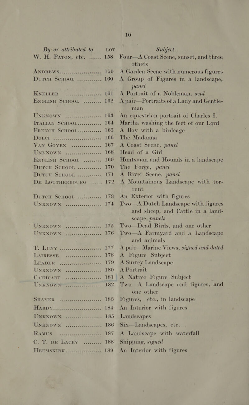 W. H. Paton, ete? <..... 158 ANDREWGS.......-000 remem: lao DUTCH OCHDOL 2.5... 160 RON TLaGe aca aaee ie aes 161 ENGLISH SCHOOL’ 5.4.s4-<0 162 WANENOWN, .<oiis0..0cs0e ps 168 PUALIAN SCHOOL... .cisness 164 FRENCH SCHOOL.........+-: 165 RIOEGT So aoe oe ee eee 166 Wy AN- GOVE Nick eae cca: «sce 167 MINI NOW Nil sy otis eeen ees Se toe EINGLISH SCHOOL ...<...0s: . 169 POUCH SCHOOL, cs.css0s eee 170 PMRCH PF OCHOOIssecumtacns 2% 171 De LOUTHERBOURG ....... i172 DGERCH BORO 4) «+> teasras 173 TUNE NO YGROM se awe <5 oanep 174 UNRNOWNeiascaas> Tey s. eens 175 UWSRNOWS io Wired Gee xia 176 DP. LUN Yoke. so -s «scans os igs LATRESSE. ....s:assneeee 178 LEADER” <..@) scene se 179 UNKNOWN, ‘c fncaeteesues ses 180 CATHCART \ 4. aerer dy ciaenss 181 | UONKNO Wier attos scree ass 182 PAV ER See weeee ile, apaese s 18: RMD V.. ov cap angie d «eae 184 UNKNOWN. ..:.:. Phan a veh 185 LENOWN c8G2006 iG 186 HA te si. s Sy .eaeene pees 187 Cie. LACEY Gtaeere. 188 HIRE MAREK . «oss. aceuavseeee 189 10 Four—A Coast Scene, sunset. and three others A Garden Scene with numerous figures A Group of Figures in a landscape, panel A Portrait of a Nobleman, oval A pair—Portraits of a Lady and Gentle- | man, | An, equestrian portrait of Charles I. Martha washing the feet of our Lord A Boy with a birdcage The Madonna A Coast Scene. panel Head of a Gir] Huntsman and Hounds in a landscape The Forge. panel A River Scene, panel A Mountainous Landscape with tor- rent An Exterior with figures Two—A Dutch Landscape with figures and sheep. and Cattle in a land- scape. panels Two—Dead Birds. and one other Two—aA Farmyard and a Landscape and animals A pair—Marine Views, signed and dated A Figure Subject A Surrey Landscape A Portrait A Native Figure Subject ’ Two—A Landscape and figures, and one other Figures, ete.. in landscape An, Interior with figures Landscapes Six—Landscapes. ete.  A Landscape with waterfall Shipping. signed An Interior with figures
