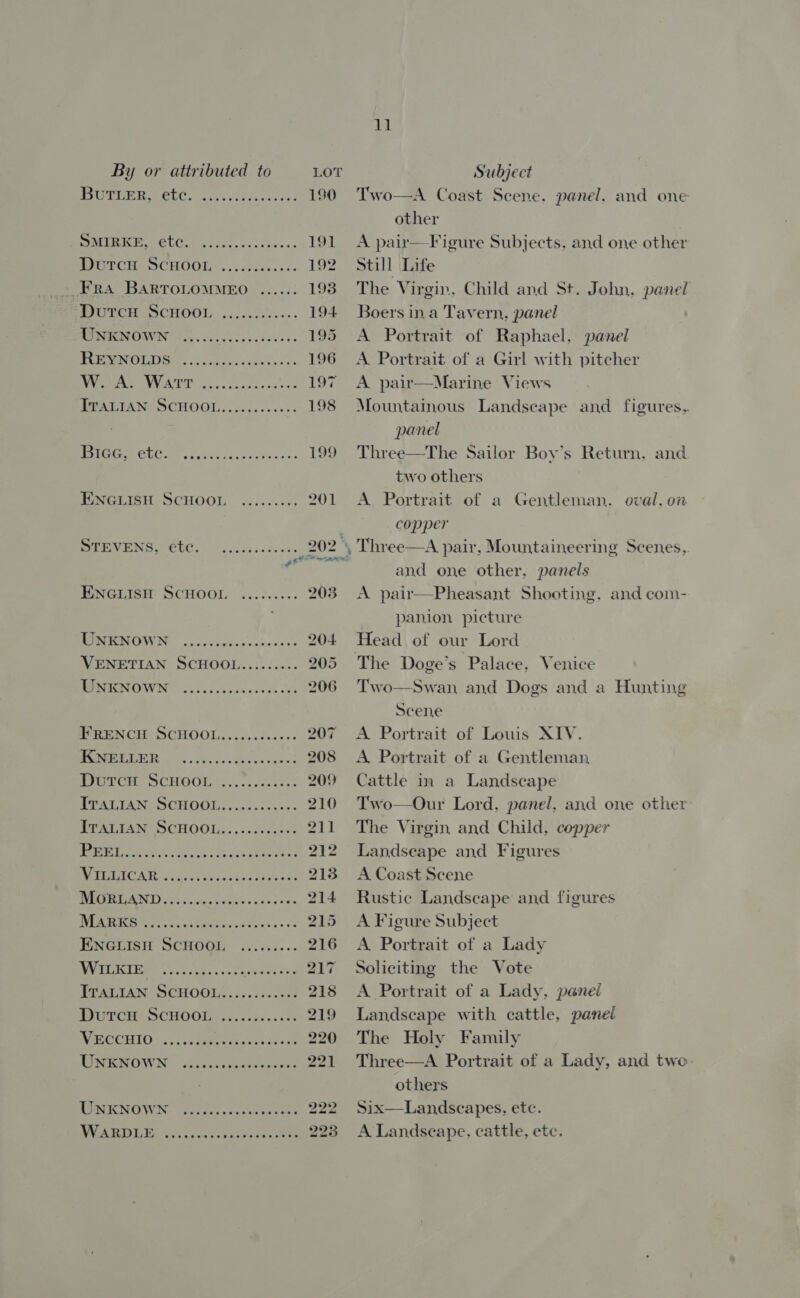 SMI UC ec 742.< iss : Dutcu ScHooL Fra BARTOLOMMEO Dutcu ScHOOL UNKNOWN jo5(tl pot Pep a eae ENGLISH SCHOOL STEVENS, etc. KNELLER Horch ScHoot, ...::.. : ee ENGLISH SCHOOL WILKIE eeere UNKNOWN WARDS: 3.2.00: 201 202 203 204 205 206 207 208 209 210 211 212 213 214 215 216 11 Two—A Coast Scene. panel, and one other A pair—F igure Subjects, and one other Still Life The Virgin, Child and St. John, panel Boers ina Tavern, panel A Portrait of Raphael, panel A. Portrait of a Girl with pitcher A pair—Marine Views Mountamous Landscape and figures, panel Three—The Sailor Boy’s Return, and two others A Portrait of a copper Three—A pair, Mountaineering Scenes, and one other, panels A pair—Pheasant Shooting, and com- panion picture Head of our Lord Gentleman. oval. on Two—Swan and Dogs and a Hunting Scene A Portrait of Louis XIV. A Portrait of a Gentleman Cattle in a Landscape Two—Our Lord, panel, and one other The Virgin and Child, copper Landseape and Figures A Coast Scene Rustic Landscape and figures A Figure Subject A Portrait of a Lady Soliciting the Vote A Portrait of a Lady, panel Landscape with cattle, panel The Holy Family Three—A Portrait of a Lady, and two others Six—Landscapes, etc. A Landscape, cattle, etc.