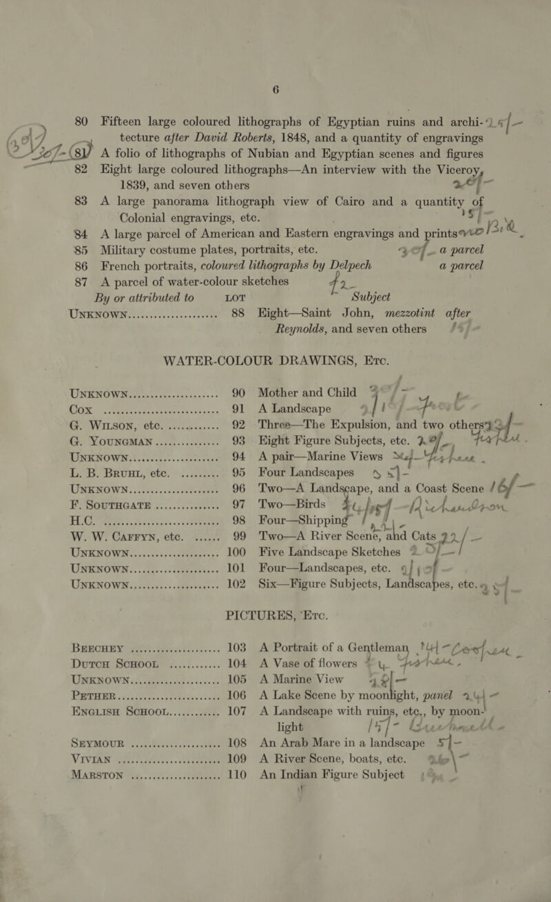 : Oi ef _* - : —Jef-N8 — 82 Kight large coloured lithographs—An interview with the Viceroy, 1839, and seven others af — 83 A large panorama lithograph view of Cairo and a quantity Colonial engravings, etc. ise $4 A large parcel of American and Eastern engravings and prints? f Bri 85 Military costume plates, portraits, etc. y ff a parcel 86 French portraits, coloured lithographs by Delpech a parcel 87 A parcel of water-colour sketches ite By or attributed to LOT Subject TNR Wiles es bees ceencn sss 88 Eight—Saint John, mezzotint after Reynolds, and seven others IS f- WATER-COLOUR DRAWINGS, Etc. UOMO Wt es cases 90 Mother and Child “% / - ; OO GI epi et a ee 91 A Landscape ] oy toot GP WILSON, C6600... 4.24.00: 92 Three—The Expulsion, and two others} Hf; G. YOUNGMAN ....5....500006 93 Eight Figure Subjects, ete. ? 4 fx t. MINOW. ccccnecss .ceseskes 94 &lt;A pair—Marine Views Sef ‘hs ak. 1B, BRUBL, ‘ete: » 1.302}. 95 Four Landscapes ‘4 ¥}- UMENOWN: .cisss0s is cvenueees 96 Two—A Landscape, and a Coast Scene / VSSORTHGATE 5......00eres 97 Two—Birds $4 fs sf Ae te yr Zon is Cte... Serer erent kits 98 Four—Shipping W. W. CAFFyYN, etc. ...... 99 Two—A River Scene, 4 oe 4. 22/— UONENO WM ise sss, caters: 100 Five Landscape Sketches ~ S URENOWN: ..255 55 eae. « 101 Four—Landscapes, etc. 4 Liof } USENOWMijisdes +&gt;: Maseees « « 102 Six—Figure Subjects, Landscapes, etc. « ay Ss PICTURES, ‘Erc. BEROH BY) 280s. Beeds fs acs 103. A Portrait of a ia age Me 4 oof te DutoH SCHOOL .«........... 104 A Vase of flowers * u 4a pad, TR WOWN ci, cia caa ay «&gt; ace 0 105 A Marine View 421—- PROTEIN itu paheees cesttecns&lt;s0) 106 A Lake Scene by moonlight, panel 2.4 = ENGLISH SCHOOL............ 107 A Landscape with ruins, etc,, by moon- light ST becthreneth SHYMOUR GiGi. salen 108 An Arab Mare in a landscape _ VIVES Sirs ee... vst 109 A River Scene, boats, ete. he \ M ARATON Ye, ...50&gt;s si eeeneee 110 An Indian Figure Subject if