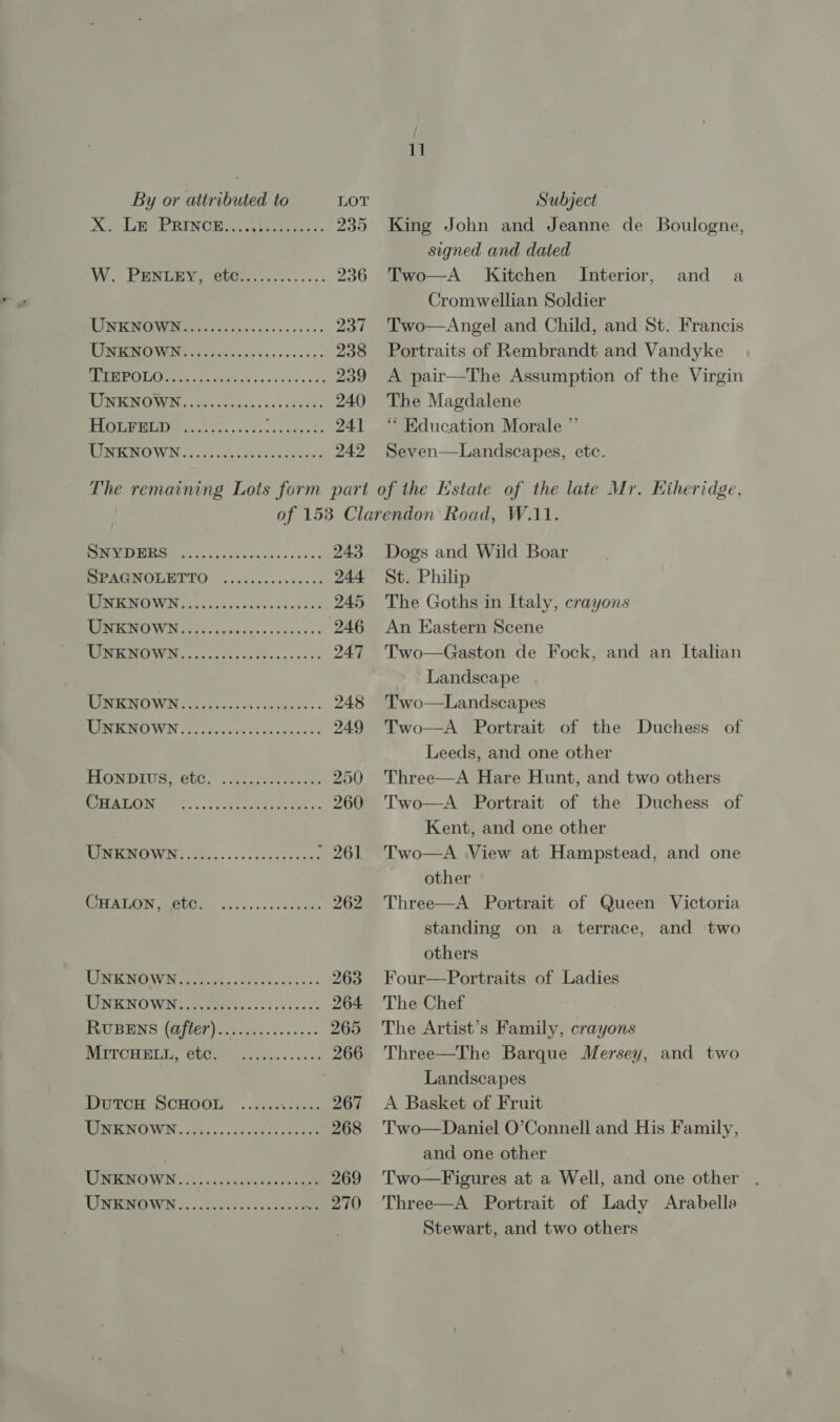 A) Lah Ee RINGHie: eee 235 We PRN Y “Velde, sts... 236 UNIO Wooten occ cuss ceccs Zane POM TINIIIV ING Or. cnc ccecsse cscs, 238 SLAW ts Saat ks ss ickace ces 239 MOUS IVINS ov. «dake oes rs dade 240 NTT 0S a 241 MRM WON gcc lcetce J ecesic wien 242 The remaining Lots form part 11 King John and Jeanne de Boulogne, signed and dated Two—A Kitchen Interior, Cromwellian Soldier Two—Angel and Child, and St. Francis Portraits of Rembrandt and Vandyke A pair—The Assumption of the Virgin The Magdalene “ Education Morale ”’ Seven—Landscapes, etc. of the Estate of the late Mr. Eiheridge, and a COS STs es er re 243 PIPACUNGEOTTO - oaccnaivscseces 244 BPTI GTIWIN too) os aisev kev ces 245 “USL Sec Bees ae 246 AM RNCIO) WN ou ook cas ohs cca ces 247 EWE ATENWEN eet &lt;A biakcs ss. 248 RTE DLED WIN Jets oui bee scene eee &gt; 249 POM LUSe OG, Tees cee 250 “Ee ee a 260 OCW 0c ,,.....s0sc20 caren Oe BEATA EOYN MPUS Yorrs cece oe os a8 262 MENON VE Net ee eo eels 263 TERN CO Wea cons ecueees 264 RUBENS (after)..............+ 265 EDT CHELID bree asesc.s 0 sus 266 Tee TOH SOHOOL. ..deniwereis 267 WISIGN OWA. to os ccc et nah 268 CUREOWIN oo eee ae 269 270 UNRAWiht se ee a Dogs and Wild Boar St. Philip The Goths in Italy, crayons An Eastern Scene Two—Gaston de Fock, and an Italian Landscape Two—Landscapes Two—A Portrait of the Duchess of Leeds, and one other Three—A Hare Hunt, and two others Two—A Portrait of the Duchess of Kent, and one other Two—A View at Hampstead, and one other Three—A Portrait of Queen Victoria standing on a terrace, and two others Four—Portraits of Ladies The Chef | The Artist’s Family, crayons Three—The Barque Mersey, and two Landscapes A Basket of Fruit Two—Daniel O’Connell and His Family, and one other Two—Figures at a Well, and one other Three—A Portrait of Lady Arabella Stewart, and two others