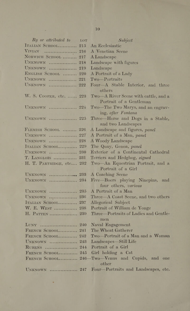 VIVIAN UNKNOWN ENGLISH SCHOOL UNKNOWN UNKNOWN eeeeeeeee eeoeeneree eeeeeeeee UNKNOWN UNKNOWN FLEMISH SCHOOL UNKNOWN UNKNOWN T. LANGLOIS UNKNOWN UNKNOWN UNKNOWN UNKNOWN LUNY RUBENS FRENCH SCHOOL.. UNKNOWN eeeneeeee seen eeeee see eeeene ee se eeeesee eeeeeseee etc.... eeetesees eeeerereen seer eeree eee eeeees eeeeeeees eeeeeeree eeeeeeeee LOT 245 10 Subject An Kcclesiastic A Venetian Scene A Landscape Landscape with figures Landscape A Portrait of a Lady Two—Portraits Four—A_ Stable Interior, and three others Two—A River Scene with cattle, and a Portrait of a Gentleman T'wo—The Two Marys, and an engrav- ing, after Fontana Three—Horse and Dogs in a Stable, and two Landscapes A Landscape and figures, panel A’ Portrait of a Man, panel A Woody Landscape The Quay, Genoa, panel Exterior of a Continental Cathedral Terriers and Hedghog, signed Two—An Equestrian Portrait, and a Portrait of a Girl A Coaching Scene Five—Boers playing Ninepins, and four others, various A Portrait of a Man Three—A Coast Scene, and two others Allegorical Subject Portrait of William de Yonge Three—Portraits of Ladies and Gentle- men Naval Engagement The Wheat Gatherer Two—Portrait of a Man and a Woman Landscapes—Still Life Portrait of a Girl Girl holding a Cat and one other Four—Portraits and Landscapes, etc.