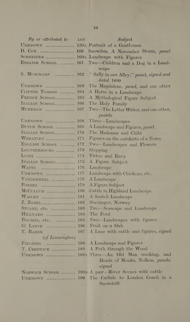 By or attributed to LOT Subject UNKNOWN... , Sauer ostiris nea. 1594 Portrait of a Gentleman | LD CORE. asso tees 160 Snowdon, A November Storm, panel SCHNEIDER: 2, to ees. s ee 160A, Landscape with Figures ENGLISH SCHOOL ......... 161 ‘'wo—Children and a Dog in a Land- scape SD. MLUSCHAMP ER. -., nase ue 162 *‘ Sally in our Alley,” panel, signed and dated 1890 DINE NOVEN 0. 0ccene eae 163 ‘The Magdalene, panel, and one other CLIFTON TOMSON ......... 164 A Horse in a Landscape FRENCH SCHOOL 165 A Mythological Figure Subject ITALIAN SCHOOL, : As see 166 The Holy Family MUSRREAW : ;.,.. Shes «eae 167 Two—The Letter Writer, and one other, pastels UNENGOWH EA hih xs oe 168 Three—Landscapes DUTCH. SCHOGIn. iatesas ee 169 A Landscape and Figures, panel ITALIAN SCHOOL.........+.. 170 ‘The Madonna and Child WiIrta TEM. 3.0.5 i505 ee 171 Figures on the outskirts of a Town ENGLISH SCHOOL ......... 172 ‘Two—Landseapes and Flowers LOUTHERBOURG ..........+. 173 Shipping MSDE, picwncie uh svete coc ae. 174 Virtue and Envy ITALIAN SCHOOL..........:. 175 A Figure Subject WV eae oss ash Wee i ok 176 Landscape UMIENIIEN «ae oat, 4 177 Landscape with Chickens, etc. VANDER WE sus » Meipinads 178 A Landscape FORBES = 32155: caeuies en 179 A Figure Subject MeCuLcLum 475.45. ccueere 180 Cattle in Highland Landscape WASLEY~c.cap.1 see 181 A Scotch Landscape dis LO BEL isch: knees eee 182 Stavanger, Norway STUART, ebC,.g.:itteeee 183 Two—Seascape and Landscape PUG YARD fa ctconteers 184 The Ford POUSSIN, ete. ...2..05-055 185 Two—Landscapes with figures A DANCE, cics alee ueeees 186 Fruit on a Slab T. BAKER 187 A Lane with cattle and figures, signed (of Leamington) BIELDING (&gt; dass pues sas 188 &lt;A Landscape and Figures T. CRESWICK cpf-ciaesso&lt;nx 189 A Path through the Wood LINENO WHY «cd tdee ees oe 1894 Three—An Old Man smoking, and Heads of Monks, Nolkon, panels, signed NorwicH SCHOOL ......... 1898 A pair—River Scenes with cattle UNKNOWN ....s.eceeeeeeeees 190 The Carlisle to London Coach in a Snowdrift