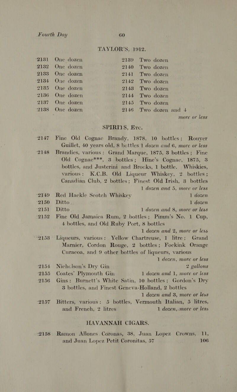 ‘2131 2132 2133 2134 2135 2136 2137 21388 2147 “2148 “2149 2150 “2151 2152 “2158 2154 2155 2156 ‘2157 2158 TAYLOR’S,; 1912. One dozen 2139 Two dozen One dozen 2140 Two dozen One dozen 2141 Two dozen One dozen 2142 Two dozen One dozen 2143 Two dozen One dozen 2144 Two dozen One dozen 2145 Two dozen One dozen 2146 Two dozen and 4 more or less SPIRIIS, Erc. Fine Old Cognac Brandy, 1878, 10 bottles: Rouyer Guillet, 40 years old, 8 bottles 1 dozen and 6, more or less Brandies, various: Grand Marque, 1875, 3 bottles; Fine Old Cognac***, 3 bottles; Hine’s Cognac, 1875, 3 bottles, and Justerini and Brooks, 1 bottle. Whiskies, various: K.C.B. Old Liqueur Whiskey, 2 bottles ; Canadian Club, 2 bottles; Finest Old Irish, 3 bottles 1 dozen and 5, more or less Red Hackle Scotch Whiskey 1 dozen Ditto 1 dozen Ditto 1 dozen and 8, more or less Fine Old Jamaica Rum, 2 bottles; Pimm’s No. 1 Cup, 4 bottles, and Old Ruby Port, 8 bottles 1 dozen and 2, more or less Liqueurs, various: Yellow Chartreuse, 1 litre: Grand Marnier, Cordon Rouge, 2 bottles; Fockink Orange Curacoa, and 9 other bottles of liqueurs, various 1 dozen, more or less Nichclson’s Dry Gin 2 gallons Coates’ Plymouth Gin 1 dozen and 1, more or less Gins: Burnett’s White Satin, 10 bottles ; Gordon’s Dry 3 bottles, and Finest Geneva-Holland, 2 bottles 1 dozen and 3, more or less Bitters, various: 5 bottles, Vermouth Italian, 5 litres, . and French, 2 litres 1 dozen,.more or less HAVANNAH CIGARS. Ramon Allones. Coronas, 38, Juan Lopez Crowns. 11, and Juan Lopez Petit Coronitas, 57 106