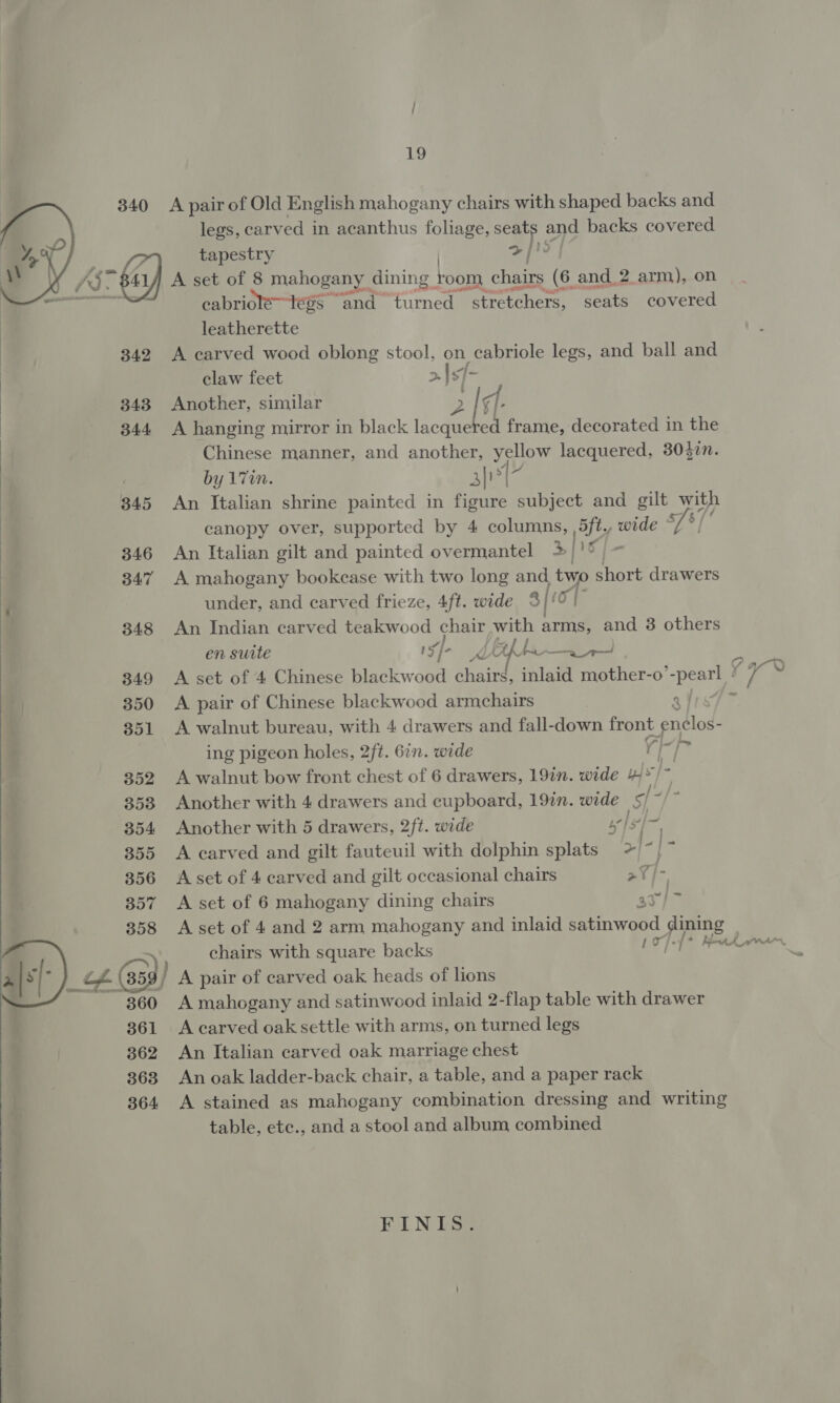 340 A pair of Old English mahogany chairs with shaped backs and legs, carved in acanthus foliage, seats and backs covered  : tapestry &gt;/ ao) A set of 8 mahogany dining. boom chairs (6 and_2 arm), on moe cc cabriolé tees — ‘and turned stretchers, seats covered leatherette 342 A carved wood oblong stool, on cabriole legs, and ball and claw feet &gt;.|sf- 343 Another, similar ) 2 [6 f : 344 &lt;A hanging mirror in black lacquel ed frame, decorated in the Chinese manner, and another, yellow lacquered, 303in. by 17in. 3} a 345 An Italian shrine painted in figure subject and gilt with canopy over, supported by 4 columns, ,5ft., wide 75/' 346 An Italian gilt and painted overmantel 3/'° | - 347 A mahogany bookcase with two long and two short drawers  F under, and carved frieze, 4ft. wide 3/‘ | 348 An Indian carved teakwood chair with arms, and 3 others en suite Sf- Mf ba ya 3 349 A set of 4 Chinese blackw Bs chairg, inlaid mother-o’-pearl ” ¥s 350 &lt;A pair of Chinese blackwood armchairs 3 f1s7 7 351 A walnut bureau, with 4 drawers and fall-down front enclos- ing pigeon holes, 2ft. 6in. wide ‘| of 352 A walnut bow front chest of 6 drawers, 19in. wide 4*/~ 358 Another with 4 drawers and cupboard, 19in. wide of Ay 4 354 Another with 5 drawers, 2ft. wide Pes of ed 355 A carved and gilt fauteuil with dolphin splats &gt;|-| . 356 Aset of 4 carved and gilt occasional chairs aT 357 A set of 6 mahogany dining chairs 3v/ 7 358 A set of 4 and 2 arm mahogany and inlaid satinwood dining fe are @ ata chairs with square backs Le / A pair of carved oak heads of lions A mahogany and satinwood inlaid 2-flap table with drawer A carved oak settle with arms, on turned legs An Italian carved oak marriage chest 363 An oak ladder-back chair, a table, and a paper rack 364 A stained as mahogany combination dressing and writing table, ete., and a stool and album combined   FINIS?