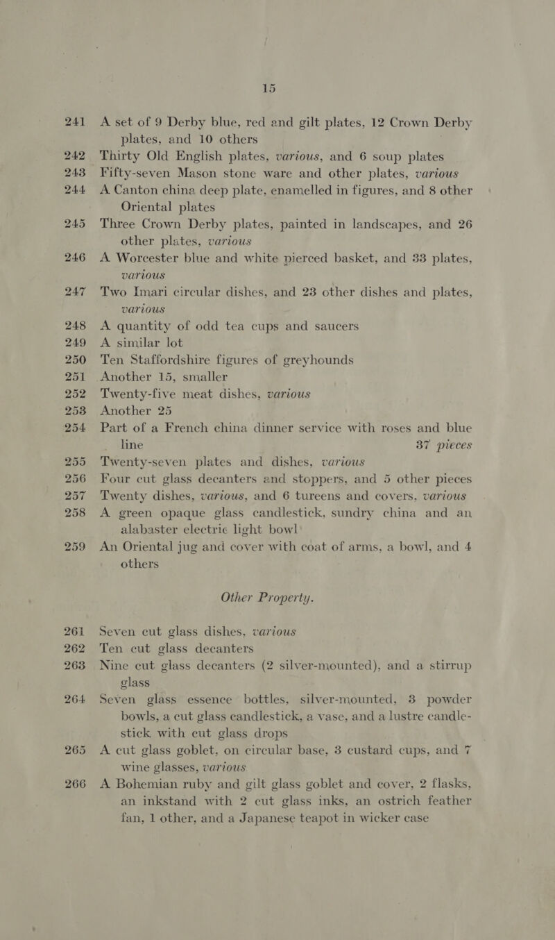 A set of 9 Derby blue, red and gilt plates, 12 Crown Derby plates, and 10 others Thirty Old English plates, various, and 6 soup plates Fifty-seven Mason stone ware and other plates, various A Canton china deep plate, enamelled in figures, and 8 other Oriental plates Three Crown Derby plates, painted in landscapes, and 26 other plates, various A Worcester blue and white pierced basket, and 33 plates, various Two Imari circular dishes, and 23 other dishes and plates, various A quantity of odd tea cups and saucers A similar lot Ten Staffordshire figures of greyhounds Another 15, smaller Twenty-five meat dishes, various Another 25 Part of a French china dinner service with roses and blue line 37 pieces Twenty-seven plates and dishes, various Four cut glass decanters and stoppers, and 5 other pieces Twenty dishes, various, and 6 tureens and covers, various A green opaque glass candlestick, sundry china and an alabaster electric light bowl An Oriental jug and cover with coat of arms, a bowl, and 4 others Other Property. Seven cut glass dishes, various Ten cut glass decanters Nine cut glass decanters (2 silver-mounted), and a stirrup glass Seven glass essence bottles, silver-mounted, 8 powder bowls, a cut glass candlestick, a vase, and a lustre candle- stick with cut glass drops A cut glass goblet, on circular base, 3 custard cups, and 7 wine glasses, various A Bohemian ruby and gilt glass goblet and cover, 2 flasks, an inkstand with 2 cut glass inks, an ostrich feather fan, 1 other, and a Japanese teapot in wicker case