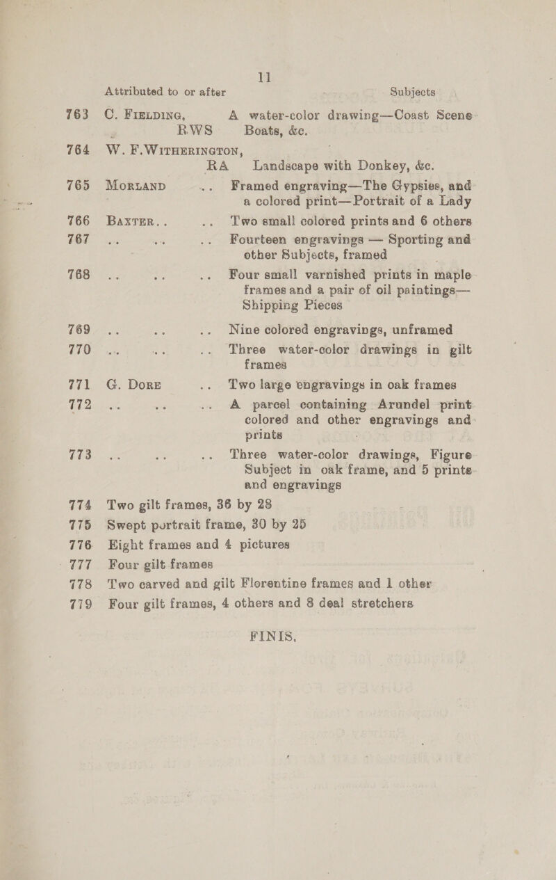 763 764 765 766 767 768 769 770 172 173 774 775 TTT 7178 779 11 Subjects = water-color drawing—Coast Scene: Boats, &amp;e. MorLAND G. Dore Framed engraving—The Gypsies, and: a colored print— Portrait of a Lady Two small colored prints and 6 others Fourteen engravings — Sporting and other Subjects, framed Four small varnished prints in maple- frames and a pair of oil paintings— Shipping Pieces © Nine colored engravings, unframed Three water-color drawings in gilt frames Two large engravings in oak frames A parcel containing Arundel print colored and other engravings and: priate Three water-color aes Figure- Subject in oak frame, and 5 prints. and engravings FINIS,