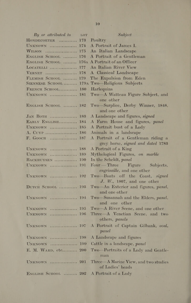 HONDECOETER UNKNOWN VERNET FLEMISH SCHOOL UNKNOWN ENGLISH SCHOOL JAN Boru UNKNOWN F. Goocu UNKNOWN UNKNOWN BACKHUYSEN UNKNOWN UNKNOWN UNKNOWN UNKNOWN UNKNOWN UNKNOWN UNKNOWN UNKNOWN UNKNOWN ENGLISH SCHOOL 173 174 L75 176 176A LF 178 179 179A 180 181 182 183 184 185 186 187 188 189 190 191 192 193 194 195 196 197 198 199 200 202 10 Poultry A Portrait of James I. An Italian Landscape A Portrait of a Gentleman A Portrait of an Officer An Italian River View A Classical Landscape The Expulsion from Eden Two—Religious Subjects Harlequins Two—A Watteau Figure Subject, and one other Surplice, Derby Winner, 1848, and one other A Landscape and figures, signed A Farm House and figures, panel A Portrait bust of a Lady Animals in a landscape A Portrait of a Gentleman riding a grey horse, signed and dated 1783 A Portrait of a King Mythological Figures, on marble In the Scheldt, panel Four — Three Figure engrisaille, and one other Two—Boats off the Coast, signed J. W., 1807, and one other Two—An Exterior and figures, panel. and one other Two—Susannah and the Elders, panel. and one other Two—A River Scene, and one other Three—A Venetian Scene, and two others, panels A Portrait of Captain Gilbank, oval, panel Two  Subjects, A Landscape and figures Cattle in a landscape, panel Two—Portraits of a Lady and Gentle- man Three—A Marine View, and two studies of Ladies’ heads A Portrait of a Lady