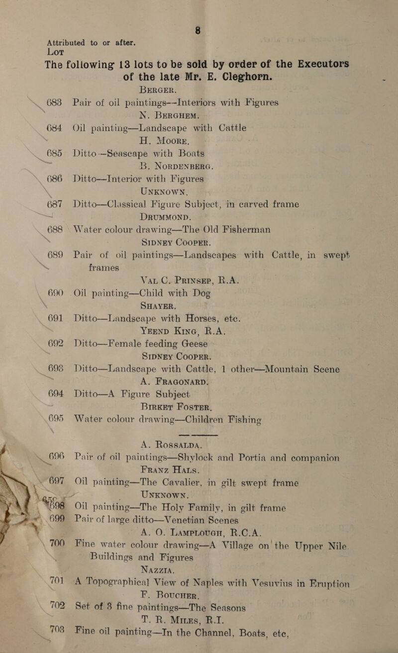 Attributed to or after. Lor The following 13 lots to be sold by order of the Executors of the late Mr. E. Cleghorn. BERGER. 683 Pair of oil paintings--Interiors with Figures | N. BERGHEM. 684 Oil painting—Landscape with Cattle H. Moore, 655 Ditte--Seascape with Boats B. NorDENBERG. 686 Dittc—Interior with Figures UNKNOWN, 687 Ditto—Classical Figure Subject, im carved frame DRruMMOND. 688 Water colour drawing—The Old Fisherman SIDNEY COOPER. 689 Pair of oil paintings—Landscapes with Cattle, in swept frames  Vat C. Prinsep, R.A. 690 Oil paintng—Child with Dog : SHAYER. 691 Ditto—Landscape with Horses, etc. YEEND Kine, R.A. 692 Ditto—Female feeding Geese SrDNEy CooPeEr. 693 Ditto—Landscape with Cattle, 1 other—Mountain Scene | A. FRAGONARD. 694 Ditto—A Figure Subject BrrKer Fostsr. 695 Water colour drawing—Children Fishing A. RossaLpaA. . 696 Pair of oil paintings—Shylock and Portia and companion 34 Franz Hats. Oil painting—The Cavalier, in gilt swept frame / UNKNOWN... Oil painting—The Holy Family, in gilt frame Pair of large ditto—Venetian Scenes A. O. Lamprovuen, R.C.A. Fine water colour drawing—A Village on' the Upper Nile. Buildings and Figures NAZZIA. 701 A Topographical View of Naples with Vesuvius in Eruption F. BoucHer, 702 Set of 8 fine paintings—The Seasons T. R. Miss, B.I. 708 Fine oil painting—In the Channel, Boats, ete,  