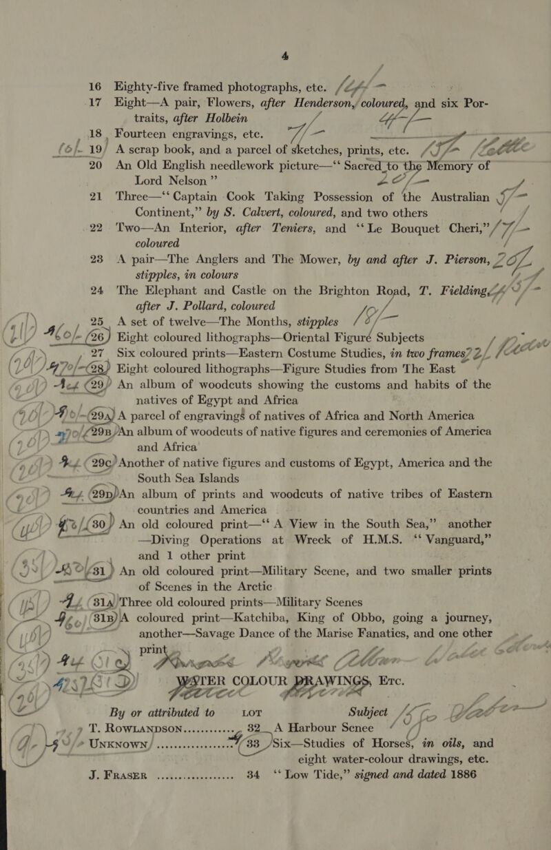 16 Eighty-five framed photographs, ete. 4, ef =” “eo 17 Eight—A pair, Flowers, after Henderson, coloured, and six Por- traits, after Holbein / ian ; 18, Fourteen engravings, etc. fe nocd « 9), aay , tt, f6/~ 19/ A scrap book, and a parcel of sketches, prints, etc. Af cttee ‘ 20 An Old English needlework picture—‘‘ Sacred _to th aa at Lord Nelson ”’ AO f— Ja 21 Three—*‘ ee Cook Taking Possession of the Australian ig = Continent,” by S. Calvert, coloured, and two others 22 'Two—An Interior, after Teniers, and ‘‘ Le Bouquet Cheri,” / 7- = coloured 23 A pair—The Anglers and The Mower, by and after J. Pierson, ” g stipples, in colours t_ff 24 The Elephant and Castle on the Brighton Road, 7. F telding A &lt;=. after J. Pollard, coloured f fail) a/,/ 25 &lt;A set of twelve—The Months, stipples A o/— ¢ o 4 ¢ O |= (26) Eight coloured lithographs—Oriental yan Subjects 7 27 Six coloured prints—Eastern Costume Studies, in two frames? Z | foe ee . TI 7?/ 6; 28/ Eight coloured lithographs—Figure Studies from The East | Dp Act Cap An album of woodcuts showing the customs and habits of the ~ natives of Egypt and Africa Wie Ao) _ @oa)A parcel of engravings of natives of Africa and North America AY =) »/ £298 /An album of woodcuts of native figures and ceremonies of America and Africa &gt; RL 290) Another of native figures and customs of Egypt, America and the is pe South Sea Islands 17) a4 29p) An album of prints and woodcuts of native tribes of Eastern \£ Sass i countries and America 7 UL ot} ¥r Li: : 30) ‘An old coloured print—‘‘ A View in the South Sea,” another —— ae —Diving Operations at Wreck of H.M.S. ‘‘ Vanguard,” ae 4 and 1 other print yh AJC &gt;¥61) An old coloured print—Military Scene, and two smaller prints   | eres i of Scenes in the Arctic ( Ip ; AY B14) Three old coloured prints—Military Scenes ' a Ho @1)/A coloured print—Katchiba, King of Obbo, going a journey, 14 Dy ) &lt;hee iene Dance of the Marise rae” and one other. _.. ee ~ prin : y ot GG GN ses Sg arene Neve Cello te SS WI Etc. UZ 428, LE LY Sy eon DWN, ‘ By or attributed to LOT Subject Ae. / OA oO ) -», 9 T. ROWLANDSON............ 32. A Harbour Senee “ ipp : 4 M4 v PTINKNOWNS oi secoebesatecees nif 33 /Six—Studies of Horses, in oils, and eight water-colour drawings, etc. Jc ERASER fsa oiepene sures. 34 ‘‘ Low Tide,” signed and dated 1886
