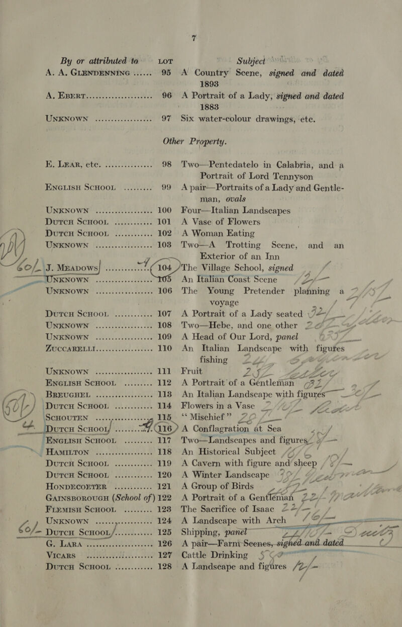 ame: a eee Sof. By or attributed to LOT Subject * A. A, GLENDENNING ...... 95 A Country Scene, signe ate dated 1893 AV EBERT Ss cis cays sees. 96 A Portrait of a Lady, Biche and dated 1883 PONG © cere tee sels canst 97 Six water-colour drawings, ‘ete. Other Property. Te aU sree, ieee eet. 98 'T'wo—Pentedatelo in Calabria, and a Portrait of Lord Tennyson ENGLISH SCHOOL ......... 99 A pair—Portraits of a Lady and Gentle- man, ovals EINK NO WH 8225. aes dees ee 100 Four—Italian Landscapes DutcH SCHOOL .........:.- 101 A Vase of Flowers Dutcu ScHOOL .........4.. 102 A Woman Eating UMRROWN [600080 103 Two—A _ Trotting Scene, and an Exterior of an Inn J. Mrapows| AOA ae “L204 0h Village School, signed i SMU MIMOWING | .5 <2 cress sreees An Italian Coast Scene Lf TOMNOWN 00505 2200. 8008 106 The Young Pretender planning a voyage heey ak UTC SCHOOL *..2.;/..2.: 107 A Portrait of a Lady seated \J/ _. WNERNOWN (0002 AR 108 Two—Hebe, and one other 2 , MAN ROM 20) a 109 A Head of Our Lord, panel hes PRACmmee he 6. er 2. tke 110 An Italian Landscape with figures: fishing -L444/. -@, DITENOWN: in. .s ices ces-ts 111 Fruit ALL. Yer ROL ENGLISH SCHOOL ......... 112 A Portrait of a ) Céntlemian! 32 oa Pe UGHEL c.t43 tt totes 118 An Italian Landscape with figures C/ = PERCH SCHOOL * 2. 5..0054 114 Flowers ma Vase 27 *7“U)/_ SEALE SCHOUTEN .....ch0..04005 115 . ‘‘ Misehief” 7O /o ; *_ Durcu Scnoot/ eee See 7a16> A Conflagration at Sea Ae, “ENGLISH SCHOOL ......... 117 Two—Landscapes and figureg- 2 of — WP PANTIE TON 8 118 An Historical Subject C fC. a PITCH DCHOOL .... 4.0 0tes 119 A Cavern with figure and sheep , i /— DvTen SCHOOL... 3.0.5... 120 A Winter Landscape (90/4 4/9 . HoNDECOETER ............ 121 A Group of Birds i fp arg GAINSBOROUGH (School of )122 <A Portrait of a Gent éman 2 é - Fremrisu ScHoou ......... 128 The Sacrifice of Isaac 24 —- Le BPNICNO WING coo ogi vans Mt 124 A Landscape with Arch Ad ee S&amp;7— Durch Scuoopy.. 18s. 09!) 125 Shipping, panel 7 VS fous =) see Ox MET: Weer oower: 126 A pair—Farnt Scenes, pon dated. __((/ Wrens >) 18s. 902 BS. ae 127 Cattle Drinking § ¢ - DutcH SCHOOL ..........6. 128 A Landseape and “at a /o-/- fe f