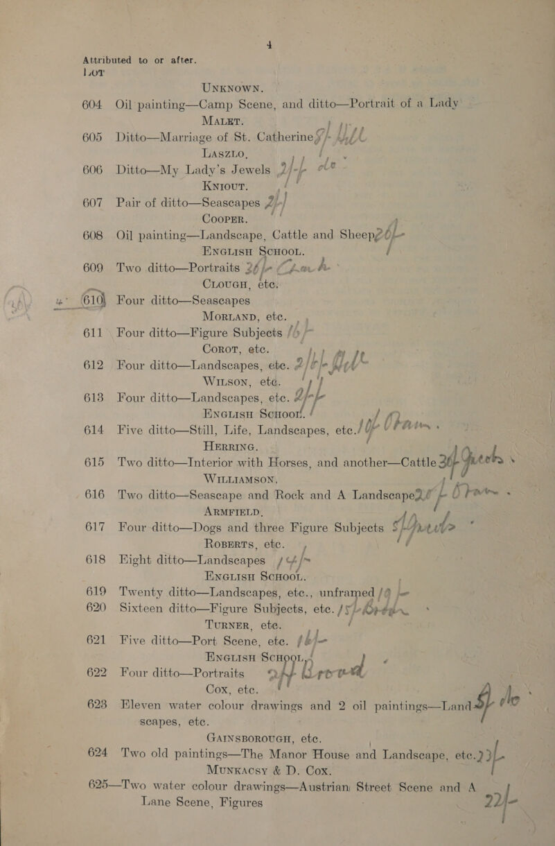 Attributed to or after. Lov UNKNOWN. 604 Oil painting—Camp Scene, oor ditto—Portrait of a Lady MALLET. ba 605 Ditto—Marriage of St. Catherine», Lasz1o, gs ee 606 Ditto—My Lady’s Jewels 2/-- °° KNIOUT. eo 607 Pair of ditto—Seascapes QL] CooPpER. | 608 Oil painting—Landseape, Cattle and Sheep? panes * gles i 609 Two ditto—Portraits 24 j- “Aa #&amp; mi Crover, fi 610, Four ditto—Seascapes MoRLAND, etc. | 611 Four ditto—Figure Subjects /4  Corot, etc. ) mde 612 Four ditto—Landscapes, etc. 2 eC is Mt bs WILson, ete. 4 6138 apes, etc. “rp jo Pswae Scroor. ! nf £) 614 Five ditto—Still, Life, Landscapes, etc, Oy VEAt .  HERRING. fos 615 Two ditto—Interior with Horses, and another—Cattle ate WILLIAMSON, 616 Two ditto—Seascape and Rock and A Landscape?! b i kom - ARMFIELD, Ap &amp; 3 617 Four ditto—Dogs and three Figure Subjects $/7h¢ ut&gt; : Ropers, etc. , &lt;e 618 Eight ditto  ends a . ENGLISH ScHoor. . 619 Twenty ditto—Landscapes, ete., unframed /9 620 Sixteen ditto—Figure Subjects, etc. /s TURNER, ete. : ‘ 621 Five ditto—Port Scene, ete. fe/— Eneuisn ScHoon,4 d y 622 Four ditto—Portraits “A¢ kLrot ee” bed * Cox, ete. §' | le ‘ 623 Eleven wate AWwing 2 ol intings—Land. ie scapes, etc. GAINSBOROUGH, etc. . 624 Two old paintings—The Manor House and Landscape, ete. ig Munxacsy &amp; D. Cox. 625—Two water colour drawings—Austrian Street Scene and A Lane Scene, Figures ! 22/- i le (Oy tin. 
