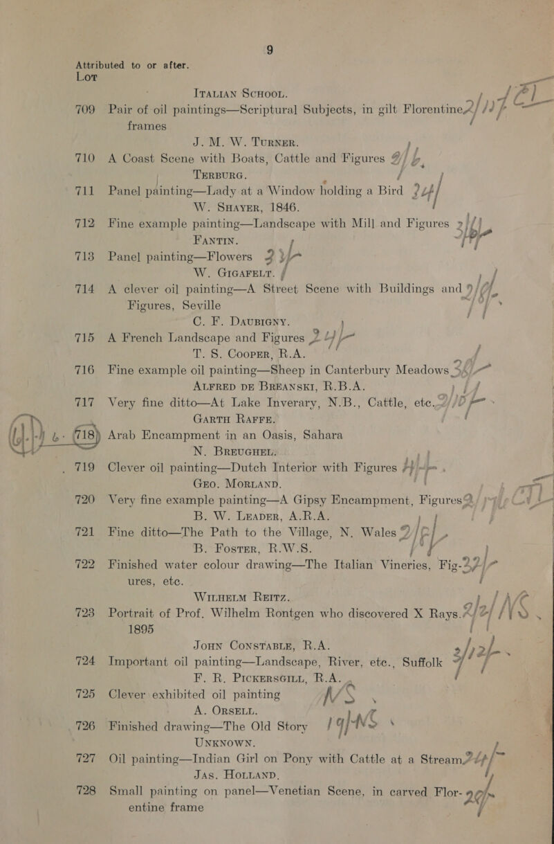 709 710 711 712 713 714 715 723 724 ? ‘ ITALIAN SCHOOL. BY ae Pair of oil paintings—Scriptural Subjects, in gilt Florentine 2/ /? f is frames / J. M. W. Turner. ) A Coast Scene with Boats, Cattle and Figures 4%) , P TERBURG. } j Lady at a Window holding a Bir dl JH W. Suaver, 1846. , jj Fine example painting—Landsecape with Mill and Figures 2 ///  ; Panel painting  FANTIN. ; : ey Panel painting—Flowers 2 } | as W. GrcarEvr. f p: 3 A clever oi] painting—A Street Scene with Buildings and 9 Figures, Seville ih /§] C. F. Daupieny. , A French Landscape and Figures 2 £4 T. 8, Coopme SR.AL *! f ie Fine example oil Tela Rat HORS: in Canterbury Meadows _ 7, ALFRED DE BREANSKEI, R.B.A. fA Very fine ditto—At Lake Inverary, N.B., Cattle, ete.2//D -— ~ GARTH RaFFE. ; Arab Encampment in an Oasis, Sahara N. BREUGHEL. LF Clever oi] painting—Dutch Interior with Figures ri ‘ae GEO. MORLAND. Very fine example painting—A Gipsy Encampment, Figures B. W. Leaver, A.R.A. oe Fine ditto—The Path to the Village, N, Wales ® Y Pj B. Foster, R.W.S. [t]  Finished water colour drawing—The Italian viene Fig-2 Vl a ures, ete. | WitHELM REIrTz. Dy LAA Portrait of Prof. Wilhelm Rontgen who discovered X Rays.A/#/ / |» 1895 JOHN CoNSTABLE, R.A. 7 ‘i Important oil painting—Landscape, River, etc., Suffolk | 7, : F. R. Pickerseiin, R.A. , fs Clever exhibited oil painting MS ae A. ORSELL. a Finished drawine—The Old Story 19): Al UNKNOWN. ; Oil painting—Indian Girl on Pony with Cattle at a Stream.» tp |~ Jas. Honann, i entine frame
