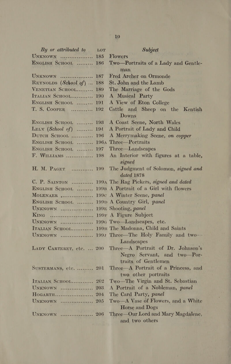 TSI OWA (vet es ies tee xs 185 ENGLISH SCHOOL ......... 186 UIST RCN OWN oe Ee as tx « os 187 REYNOLDS (School of) ... 188 VENETIAN SCHOOL......:.- 189 ITALIAN GS OCHOO sae. | cas ‘190 ENGLISH SCHOOL ........- 191 RO GT od Ee 192 ENGLISH SCHOOL ......... 193 LELY (School of) ......... 194 Duren ScHodivee......c. 196 ENGiLisH SCHOGL -......... 1964 ENGLISH SCHOOL ......... 197 FF aye LLEAMMS &amp; Sodio, ae 198 Th. My PAGET. &amp; cacucee. cs 199 CoeP. sSAiewae .., cee oe 1994 ENGLIsH SCHOOL ..,..--. 199B MOLENAER sc:142 ee 199¢ ENGLISH SCHOOL ......... 199D RINKNOWN,...o: Pics s oe cae 199E SCING@OTS. ooh. css se eee 199F UNEMAWN -3..5207 «see, 199G ITALIAN SCHOOL......-&lt;+-:: 199H WNEKNOWN &lt;..0-¢.6.&lt;c5 ee 1995 Lapy CARTERET, etc. ... 200 SUSTERMANS, etc. ......60. 201 ITALIAM, SCHOOL. «cscccscsss 202 UWNENOVWNG.. tetera 203 POGATI roe tee cas beck ceek 204 UNIEINO Wet. osc a Pee aw os 205 UNKNOWN ones: scabs 206 10 Flowers Two—Portraits of a Lady and Gentle- man Fred Archer on Ormonde St. John and the Lamb The Marriage of the Gods A Musical Party A View of Eton College Cattle and Sheep on the Kentish Downs A Coast Seene, North Wales A Portrait of Lady and Child A Merrymaking Scene, on copper Three—Portraits Three—Landscapes An Interior with figures at a table, signed The Judgment of Solomon, signed and dated 1878 The Rag Pickers, signed and dated A Portrait of a Girl with flowers A Winter Scene, panel A Country Girl, panel Shooting, panel A Figure Subject The Madonna, Child and Saints Three—The Holy Family and two-- Landscapes Three—A Portrait of Dr. Johnson’s Negro Servant, and two—Por- traits of Gentlemen Three—A Portrait of a Princess, and two other portraits Two—The Virgin and St. Sebastian A Portrait of a Nobleman, panel The Card Party, panel Two—A Vase of Flowers, and a White Horse and Dogs Three—Our Lord and Mary Magdalene, and two others