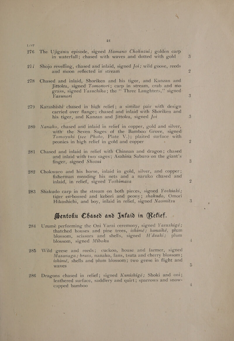 | 276 279 280 281 282 283 285 286 21 in waterfall; chased with waves and dotted with gold Shojo revelling, chased and inlaid, signed Jot; wild BORG: reeds and moon reflected in stream Chased and inlaid, Shoriken and his tiger, and Kanzan and grass, signed Yasuchika; the ‘‘ Three Laughters,’’ signed Yasunori Ka'rashishi’ chased in high relief; a similar pair with design carried over flange; chased and inlaid with Shoriken and his tiger, and Kanzan and Jittoku, signed Jor Nanako, chased and inlaid in relief in copper, gold and silver, with’ the Seven Sages of the Bamboo Grove, signed peonies in high relief in gold and copper Chased and inlaid in relief with Chinnan and dragon; chased and inlaid with two sages; Asahina Saburo on the giant’s finger, signed Shozut Chokwaro and his horse, inlaid in gold, silver, and copper; fisherman mending his nets and a naruko chased and inlaid, in relief, signed Toshimasa Shakudo carp in the stream on both pieces, signed Yoshiaki; tiger embossed and kebori and peony; shakudo, Omori Hikoshichi, and boy, inlaid in relief, signed Naomitsu Sentoku Cbased and Jnfaid in Refief. Uzumé performing the Oni Yarai ceremony, signed Vasushigé ; thatched houses and pine trees, ishimé; hanatké, plum blossom, scissors and_ shells, signed H'deaki; plum blossom, signed Miboku Wild geese and reeds; cuckoo, house and farmer, signed Masanaga; brass, Ran fans, tsuta and cherry blossom ; ishimé, shells and plum bl ossom; two geese in flight and waves Dragons chased in relief; signed Kunishigé; Shoki and oni; leathered surface, saddlery and quirt; sparrows and snow- capped bamboo Or