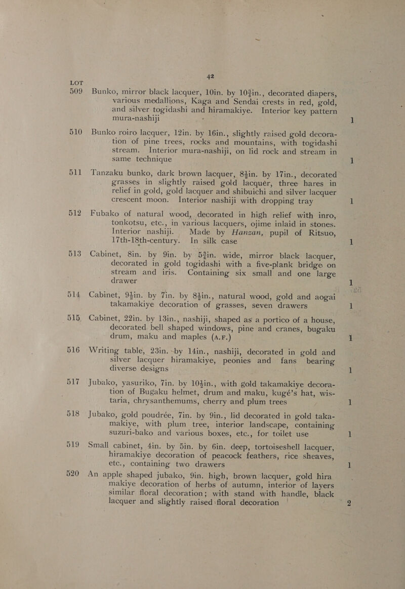 509 512 516 B17 42 Bunko, mirror black lacquer, 10in. by 103in., decorated diapers, various medallions, Kaga and Sendai crests in red, gold, and silver togidashi and hiramakiye. Interior key pattern mura-nashiji sam Bunko roiro lacquer, 12in. by 16in., slightly raised gold decora- tion of pine trees, rocks and mountains, with togidashi stream. Interior mura-nashiji, on lid rock and stream in same technique Tanzaku bunko, dark brown lacquer, 84in. by 17in., decorated grasses in slightly raised gold lacquér, three hares in relief in gold, gold lacquer and shibuichi and silver lacquer crescent moon. Interior nashiji with dropping tray Fubako of natural wood, decorated in high relief with inro, tonkotsu, etc., in various lacquers, ojime inlaid in stones. Intertor nashiji. Made by Hanzan, pupil of Ritsuo, 17th-I8th-century. In silk case Cabinet, 8in. by Qin. by 53in. wide, mirror black lacquer, decorated in gold togidashi with a five-plank bridge on stream and iris. Containing six small and one large — drawer Cabinet, 9$in. by Tin. by 84in., natural wood, gold and aogai takamakiye decoration of grasses, seven drawers Cabinet, 22in. by 13in., nashiji, shaped as a portico of a house, decorated bell shaped windows, pine and cranes, bugaku drum, maku and maples (a.F.) Writing table, 23in.~by 14in., nashiji, decorated in gold and silver lacquer hiramakiye, peonies and fans bearing diverse designs Jubako, yasuriko, Tin. by 104in., with gold takamakiye decora- tion of Bugaku helmet, drum and maku, kugé’s hat, wis- taria, chrysanthemums, cherry and plum trees Jubako, gold poudrée, Tin. by 9in., lid decorated in gold taka- makiye, with plum tree, interior landscape, containing suzuri-bako and various boxes, etc., for toilet use Small cabinet, 4in. by 5in. by 6in. deep, tortoiseshell lacquer, hiramakiye decoration of peacock feathers, rice sheaves, etc., containing two drawers An apple shaped jubako, Qin. high, brown lacquer, gold hira makiye decoration of herbs of autumn, interior of layers similar floral decoration; with stand with handle, black lacquer and slightly raised \floral decoration .