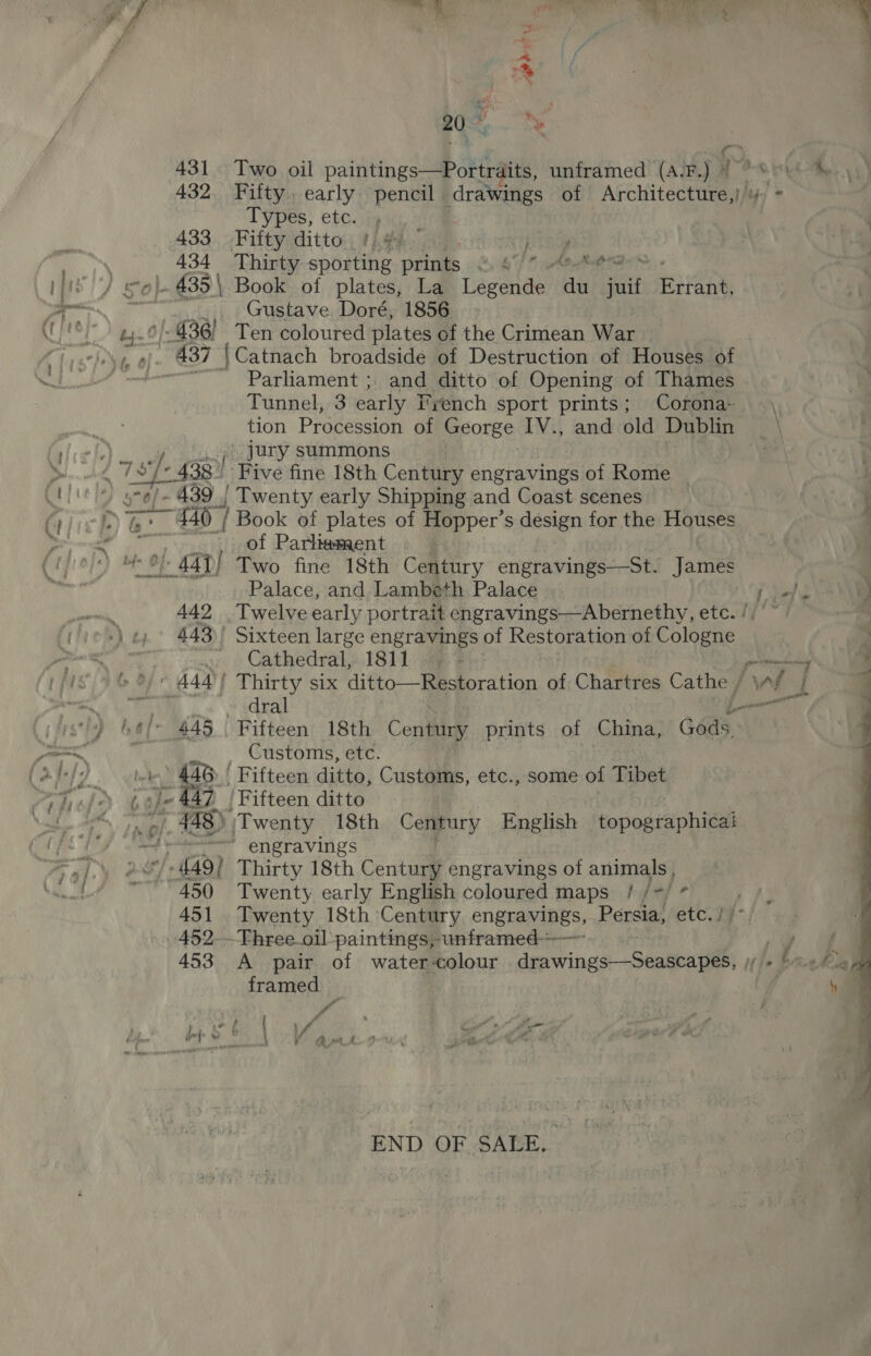 % 20s, ‘Y 431 Two oil paintings—Portraits, unframed’ (AjF.) HO? ee 432 Fifty, early pencil drawings of Architecture,|/¥, ~ Types, etc. 433 Fifty ditto '..# ae . _ 434 Thirty sporting prints ©. 4 OE iis ee}. 435). Book of plates, La reese ni ies: ree ~~ aN Gustave Doré, 1856 by. 0) 436) Ten coloured plates of the Crimean War ee 38) ”“ ) 1 fer 47) 449 443 Ada} 452- 453 Parliament ; and ditto of Opening of Thames Tunnel, 3 early i'yench sport prints; Corona- tion Procession of George IV., Bae old Dublin _ jury summons Five fine 18th Century engravings of Rome of Parhament . Two fine 18th Century engravings—St. James | Palace, and Lambeth Palace rte &gt; Twelve early portrait engravings—Abernethy, etc. /, ~ Sixteen large engravings of Restoration of Cologne Cathedral, 1811. - promeeny Thirty six ditto—Restoration of Chartres Cathe / \“f L dral te—-— Fifteen 18th Conia prints of China, Gods. engravings Thirty 18th Century engravings of animals, Twenty early English coloured maps / /-/ * Twenty 18th Century engravings, Persia, etc. ! -Fhree.oil paintings,-unframed-—— 7 a A pair of water-colour . drawings—Seascapes, jj + «6. framed : by  END OF SALE.