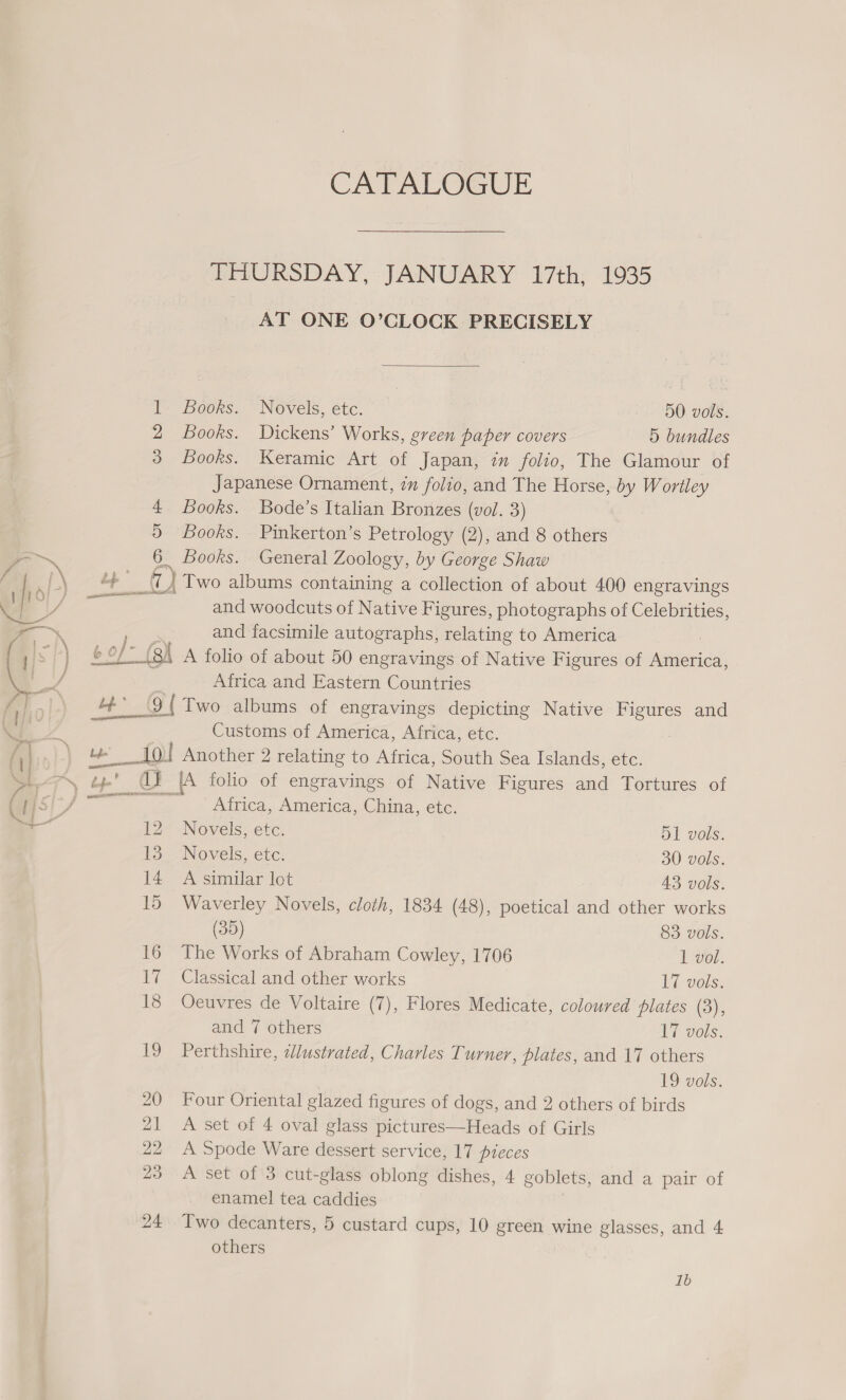 b CA PALGGUE THURSDAY, JANUARY 17th, 1935 AT ONE O’CLOCK PRECISELY  1 Books. Novels, etc. 50 vols. 2 Books. Dickens’ Works, green paper covers 5 bundles Japanese Ornament, i folio, and The Horse, by Wortley Books. Bode’s Italian Bronzes (vol. 3) Books. Pinkerton’s Petrology (2), and 8 others Books. General Zoology, by George Shaw i) Two albums containing a collection of about 400 engravings and woodcuts of Native Figures, photographs of Celebrities, and facsimile autographs, relating to America Qe coe Africa and Eastern Countries (9{ Two albums of engravings depicting Native Figures and Customs of America, Africa, etc. di {A folio of engravings of Native F igures and Tortures of Africa, America, China, etc. 12 Novels, etc. 51 vols. 13 Novels, etc. 30 vols. 14 A similar lot 43 vols. 15 Waverley Novels, cloth, 1834 (48), poetical and other works (39) 83 vols. 16 The Works of Abraham Cowley, 1706 1 vol. 17 Classical and other works 17 vols. 18 Oeuvres de Voltaire (7), Flores Medicate, coloured plates (3), and 7 others 17 vols. 19 Perthshire, cllustrated, Charles Turner, plates, and 17 others 19 vols. 20 Four Oriental glazed figures of dogs, and 2 others of birds 21 A set of 4 oval glass pictures—Heads of Girls 22 A Spode Ware dessert service, 17 pieces 23 &lt;A set of 3 cut-glass oblong dishes, 4 goblets, and a pair of enamel tea caddies 24 Two decanters, 5 custard cups, 10 green wine glasses, and 4 others 1b