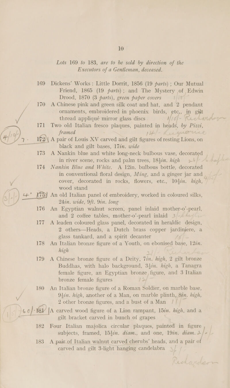 Lots 169. to 183, ave to be sold by direction of the Executors of a Gentleman, deceased. 169 Dickens’ Works: Little Dorrit, 1856 (19 parts) ; Our Mutual Friend, 1865 (19 farts) ;. and The Mystery = Edwin Drood, 1870 (3 parts), green paper covers 170 A Chinese pink and green silk coat and hat, and 2 pendant / _ ornaments, embroidered in phoenix birds, ek ce Se thread appliqué mirror glass discs I/ : 171 Two old Italian fresco plaques, painted in tiaad by 1 Pizzi framed hy  14: 9) \ A pair of Louis XV carved and gilt aout of resting Dibiass on pe black and gilt bases, 17in. wide 173 A Nankin blue and white long-neck bulbous vase, decorated in river scene, rocks and palm trees, 1847. high 174. Nankin Blue and White. A 12in. bulbous bottle, decorated in conventional floral design, Ming, and a ginger jar and _ cover, decorated in rocks, flowers, etc., l04en. gh,  ~&lt; wood stand ||) ¢t 475) An old Italian panel of embroidery, worked in coloured silks, Fa 24in. wide, Oft. 9in. long 176 An Egyptian walnut screen, panel inlaid mother-o’-pearl, and 2 coffee tables, mother-o’-pearl inlaid 177 A leaden coloured glass panel, decorated in heraldic design, 2 others—Heads, a Dutch brass copper — a glass tankard, and a spirit decanter 178 An Italian bronze figure of a Youth, on ebonised ade: 120n. high 179 &lt;A Chinese bronze figure of a Deity, Tin. igh, 2 gilt bronze Buddhas, with halo background, 34m. Migh, a Tanagra female figure, an Egyptian bronze, figure, and 3 Italian bronze female figures 180 An Italian bronze figure of a Roman Soldier, on marble base, 947”. high, another of a Man, on marble plinth, 8¢n. high, 2 other bronze figures, and a bust of a Man | ihe eo) tev | ‘A carved wood figure of a Lion rampant, 15in. high, and a a gilt bracket carved in bunch of grapes  182 Four Italian majolica circular plaques, painted in figure ) subjects, framed, 1547n. diam., and one, 19in. diam. +/+ 183 A pair of Italian walnut carved cherubs’ heads, and a pair of carved and gilt 3-light hanging candelabra