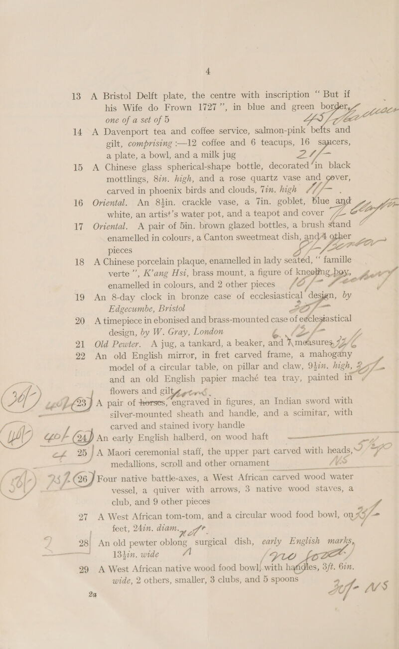 + 13 A Bristol Delft plate, the centre with inscription “ But if his Wife do Frown 1727”, in blue and green borger one of a set of 5 | ae 14 A Davenport tea and coffee service, salmon-pink befts and gilt, comprising :—12 coffee and 6 teacups, 16 cers, a plate, a bowl, and a milk jug eee, 15 A Chinese glass spherical-shape bottle, decorated“in black mottlings, 8in. high, and a rose quartz vase and cever, carved in phoenix birds and clouds, Tim. high L 16 Oriental. An 8kin. crackle vase, a Tin. goblet, Blue an —- white, an artist’s water pot, and a teapot and cover St 7 17 Oriental. A pair of 5in. brown glazed bottles, a brush stand ‘ enamelled in colours, a Canton sweetmeat dish, ae ZZ her | LO pieces 18 A Chinese oe plaque, enamelled in lady soda, a eA verte’, K’ang Hsi, brass mount, a figure of kneeling boy, sienciclied 4 in colours, and 2 other pieces / Of : &amp; fee at M4 f 19 An 8-day clock in bronze case of ecclesiastical design, by Edgecumbe, Bristol - 3H 20 A timepiece in ebonised and brass-mounted case a; on design, by W. Gray, London 6. PF, f> ke 21 Old Pewter. A jug, a tankard, a beaker, ak mesures 72/7  22 An old English mirror, in fret carved frame, a ae ot model of a circular table, on pillar and claw, 932n. high, | a f- and an old English papier maché tea tray, painted in 7 (46h) flowers and gilt peru’ MV ih Op 23 A pair of herses, “engraved in figures, an Indian sword with ae silver-mounted sheath and handle, and a scimitar, with / Py 7) - ‘s carved and stained ivory handle = 4 YY it 24 ;  An early English halberd, on wood haft ——; af 20 } A Maori ceremonial staff, the upper part carved with heads, Ber 4 } medallions, scroll and other ornament (oo Air) A 7-@6) Four native battle-axes, a West African carved wood water — 7 a vessel, a quiver with arrows, 3 native wood staves, a club, and 9 other pieces VA 27 A West African tom-tom, and a circular wood food bowl, on, 4 i feet, 24i7n. diam. PAs 28| An old pewter oblong surgical dish, early English marks, — 1341n. wide | | 99 <A West African native wood food bowl} fen hafidles, 3ft. 607. wide, 2 others, smaller, 3 clubs, and 5 spoons
