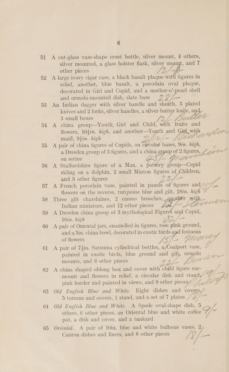 51 52 53 54 5D 56 57 58 59 60 61 62 63 64 65 6 silver mounted, a glass holster flask, silver mount, and 7 other pieces | ta ZAC A large ivory cigar case, a black basalt plaque with figures in relief, another, blue basalt, a porcelain oval plaque, decorated in Girl and Cupid, and a hares O re ie shell and ormolu-mounted dish, slate base 9 Y = An Indian dagger with silver handle and sheath, 3 plated knives and 2 forks, silver handles, a silver butter oe and. — 3 small boxes 2 /  A china group—Youth, Girl and Child, with fonts: eal flowers, 104i”. high, and another—Yopth and PP es _tote maid, 940n. high 9 f/jip/— wy A pair of china figures of Cupids, on Fok et Qin. high, a Dresden group of 3 figures, and a china SUP of 2 figures, (yr . on settee OS - G NovT A Staffordshire figure of a Man, a pottery group—Cupid riding on a dolphin, 2 small Minton ge of Children, and 5 other figures /— - . A French porcelain vase, painted in panels off figures and Je 7 flowers on the reverse, turquoise blue and gilt, 280n. ich 4 Three gilt chatelaines, 2 cameo brooches, -anothér Ay ee Indian miniature, and 12 other pieces FS fF CS A Dresden china group of 3 mythological ad and Cane l6in. high - A pair of Oriental jars, enamelled in figures, rose ag ground, and a 5in. china bowl, decorated in exotic birds ae festoons s of flowers 69 7 Pat WZ, e/a A A pair of Thin. Satsuma cylindrical bottles, ayCoalport vase, painted in exotic birds, blue ground and gilt, ormoll mounts, and 6 other pieces I? ye ae f A china shaped oblong box and cover with “child ficure sur- mount and flowers in relief, a circular dish and stand; “7 he y) pink border and painted in views, and 9 other pieces Old English Blue and White. Eight dishes and covers, 4 5 tureens and covers, | stand, and a set of 7 plates , ry é Old English Blue and White. A Spode oval-shape dish, 5 others, 8 other pieces, an Oriental blue and white cotiee G/- i pot, a dish and cover, and a tankard Oriental. A pair of 10in. blue and white bulbous vases, 2, Canton dishes and liners, and 6 other pieces / Jo / iva af eC ; ’