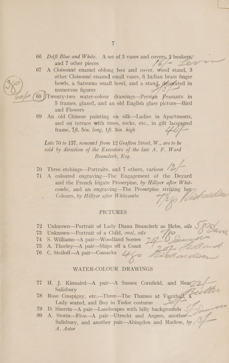 7 and 7 other pieces Jb /n~ Ze other Cloisonné enamel small vases, 6 Indian brass finger 5 frames, glazed, and an old English glass picture—Bird and Flowers 69 An old Chinese painting on silk—Ladies in Apartments, and on terrace ~with trees, rocks, ete., in gilt yl ate frame, 7/t. 5in. long, 1ft. 31n. high Gti/- P i y Lots 70 to 137, removed from 12 Grafton Street, W., are to be sold by direction of the Executors of the late A. F. Ward Beauclerk, Esq. 70 Three etchings—Portraits, and 7 others, various / Z/ i 71 &lt;A coloured engraving—The Engagement of the Deyard and the French frigate Proserpine, by Hillyer after Wiut- Colours, by Hillyer after Whitcombe “At sig | /*fo F PICTURES 73 Unknown—Portrait of a Child, oval, otls Tk? : 74 S. Williams—A pair—Woodland Scenes ? Lf. ee } é : 75 “A. Thorley—A pair—Ships off a Coast. / ) F -3&gt; 76 C. Stoiloff—A pair—Cossacks /4~_ IF +f, rs WATER-COLOUR DRAWINGS Salisbury Lady seated, and Boy in Tudor costume Ae 79 =D. Sherrin—A pair—Landscapes with hilly backgrouhds 80 A. Storin—Five—A pair—Utrecht and Angers, another— Salisbury, and another pair—Abingdon and Marlow, by A. Astor
