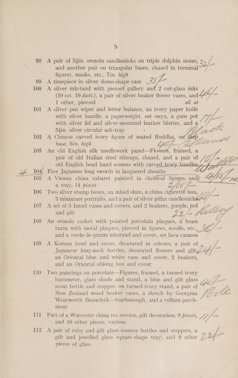 98 oo 100 101 102 109 110 Pick 112 , A pair of 54in. ormolu candlesticks on triple dolphin stems, 2 and another pair on triangular bases, chased in atcha figures, masks, etc., Tin. high | A timepiece in silver dome-shape case A, Z = A silver inkstand with pierced gallery and 2 cut-glass inks ZL f (10 ozs. 10 dwts.), a pair of silver beaker flower vases, aie 1 other, pierced all at A silver pen wiper and letter balance, an ivory paper knife se with silver handle, a paperweight, set onyx, a gum pot A fl f with silver lid and silver-mounted leather blotter, anda‘ “/ 5hin. silver circular ash-tray : Ya Ae ele A Chinese carved ivory figure of seated ee on’, ‘step ee base, 67”. high LLL, BLE An old English silk needlework pore Flowes. i Ce a fo pair of old Italian steel stirrups, chased, and a pair of shh Tl LG old English bead hand screens with carved ivory _handles_, hie Five Japanese long swords in lacquered sheaths —_ C. A Vienna china cabaret painted in classical ical figures, nas a tray, 14 feces Zy So - — . Two silver stamp boxes, an inlaid slate, a china cigaretté box, 4,-/ 7 3 miniature portraits, and a pair of silver pillar candlesticks vw, af A set of 3 Imari vases and covers, and 2 beakers, purple, Fed il Sal and gilt ZF fm fee oo Ga if A be An ormolu casket with painted porcelain plaques, a brass tazza with metal plaques, pierced in figures, scrolls, etc., pr and a verde-de-pratre inkstand and cover, set lava cameos    A Korean bowl and cover, decorated in colours, a pair of _. Japanese long-neck bottles, decorated flowers and gilt, of éf/ an Oriental blue and white vase and cover, 2 beakers, | and an Oriental oblong box and cover eee Two paintings on porcelain—Figures, framed, a turned ivory barometer, glass shade and stand, a blue and gilt glass scent bottle and stopper, on turned ivory stand, a pair of ie oa ae New Zealand wood beaker vases, a sketch by Georgina “A re Wentworth Beauclerk-——Scarborough, and a vellum parch- © — ment Part of a Worcester china tea service, gilt decoration, 9 pieces, 4/ Low and 10 other pieces, various | A pair of ruby and gilt glass essence bottles and stoppers,a | . / ] gilt and jewelled glass square-shape tray, and 9 other , cf pieces of glass