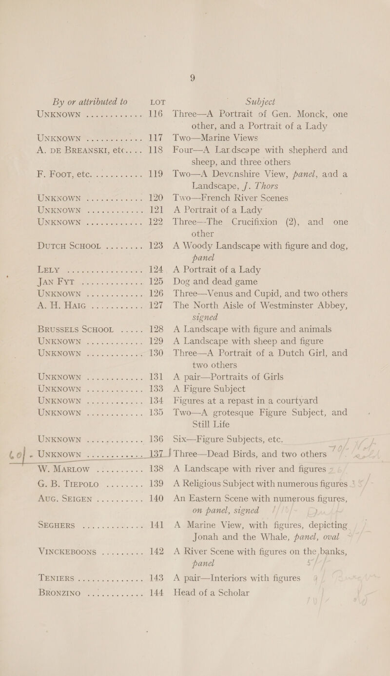 o UNKNOWN: 2s ee ss 116 LINK QIN te eee 7 A. DE BREANSK!, etc.... 118 EVER @ORNCUCS ss is ere it9 WIN RONOWING Ac link ce 120 SPUN WINN fo me a ace an Al IDUPOHSCHOOE. wa. 2 5 548 123 SEL a ee a 124 USS CI Sle 1h eae a 125 WWOEGINNONWIN, bs kk acs as bg 126 Pel FANG 5 0s. Sef eo lee IBRUSSELS SCHOOL ..... 128 MIEONOWN: 2... .c.s cs. 129 RO NIGNOW Ni aes oc awe shat 130 DENEENO WAY &lt;&lt; sca ced ss TS) WINEINOWN. 6 0 So eee 13 WINKINOWN. (2022. 3s aces 134 MHAN@O WIS so 55) os acs 135 SISO ae ie a 136 UNKNOWN Pe ies. oat W. Marrow estat bela 138 Ome LEEPORO” 2.5... 139 PONG. DEIGEN ..i...e... 140 DGPS, Gee of cake. os 141 WINCKEBOONG . 4. ..05.2. 142 MEE IW RG reer) sw sna 5 143 LAS VAR = 144 Three—A Portrait of Gen. Monck, one other, and a Portrait of a Lady Two—Marine Views Four—A Lar.dscape with shepherd and sheep, and three others A Devenshire View, panel, aad a Landscape, /. Thors Two—French River Scenes A Portrait of a Lady other A Woody Landscape with figure and dog, panel A Portrait of a Lady Dog and dead game Three—Venus and Cupid, and two others The North Aisle of Westminster Abbey, signed A Landscape with figure and animals A Landscape with sheep and figure Three—A Portrait of a Dutch Girl, and two others A pair—Portraits of Girls A Figure Subject Figures at a repast in a courtyard Two—A grotesque Figure Subject, and Still Life Six—Figure Subjects, etc. Two  qf A Landscape with river and figures - A Religious Subject with numerous figures .’ An Eastern Scene with numerous figures, on panel, signed A Marine View, with figures, depicting Jonah and the Whale, panel, oval A River Scene with figures on the banks, panel s/ A pair—lInteriors with figures Head of a Scholar