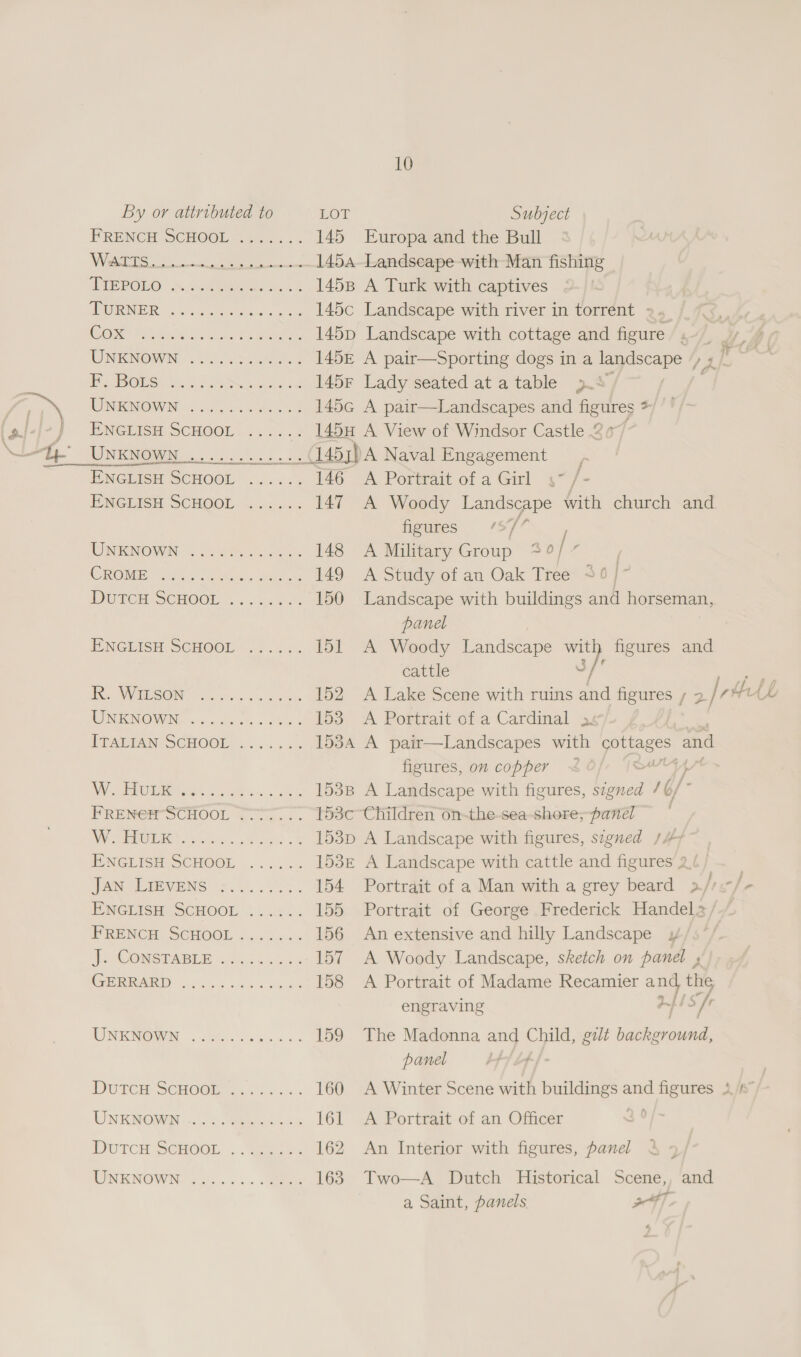 “% FRENCH SCHOOL..2.:.... 145 Europa and the Bull VS os eae se 1454 Landscape with Man fishing ANE EOQWO Sumner hoes 1458 A Turk with captives ADI: isa pee etc 145c Landscape with river in torrent ». IC Ore eu hel cen ee oan, 145p Landscape with cottage and figure s- _¥, UNINOWN: &lt;ntitees 145r A pair—Sporting dogs in a landscape /, + 7 BAO roy ts he Pee 145F Lady seated at atable pS ayy UNeMOoWwN 000... 4a 145c A pair—Landscapes and ae, t Ag PINGIISH SCHOOL... 65.5 145H A View of Windsor Castle ty.’ WINK OWN ge a (1453) A Naval Engagement , ENGLISH SCHOOL ....... 146 A Portrait of a Girl 4~ /- ENGLISH SCHOOL S000. 147 A Woody Landscape with church and figures 15°/7 ' NOW IN: 2 Lee R elie 148 A Military Group 44/7 Cerne Oi eee, dates 149 A Study of an Oak Tree DG PCH SCHOOL cent 150 Landscape with buildings and horseman, panel | ENGLIGH SCHOOL .2 .. 7. 151 A Woody Landscape wit _ figures and cattle 6 Be VES OR Ye hc. a ea 152 A Lake Scene with ruins and figures / 2 / ely LL NN OWING twigs see tie 5 153 A Portrait of a Cardinal 3. PPAETAN SCHODE a. 6s tas 153A A pair—Landscapes it ass and figures, on copper ~ 4 ae Sh) ee eT 1538 A Landscape with figures, signed / b/ : FRENeEH SCHOOL O37. T. 153c Children 6n-the-sea-shore;panel * Nie ene nk reac. 5 153p A Landscape with figures, signed /47 MNGLISH SCHOOL . . 144. 153£ A Landscape with cattle and figures 2 | TAN (EUBVENS: 2.0.30... 154 Portrait of a Man with a grey beard 5 lit¢aie TovGrism SCHOOL ui.) 155 Portrait of George .Frederick Handela FRENCH, SCHOOL « ey hse 156 An extensive and hilly Landscape y VOM CPABER end ad 157 A Woody Landscape, sketch on panel ; EA agg san vcs 158 A Portrait of Madame Recamier and, the engraving HHT S s/h MINOW . oon cance. 159 The Madonna and Child, galt background, panel td Lf DUTCH SCHOOM meds p ss 160 A Winter Scene with buildings and oe dt UNKNORN |. 0. Peano 161 A Portrait of an Officer DUTCH SCROGE .... mages. 162 An Interior with figures, panel DR RNOWIN aos... Res 163. Two—A Dutch Historical Scene,, and  — wa a Saint, panels ay