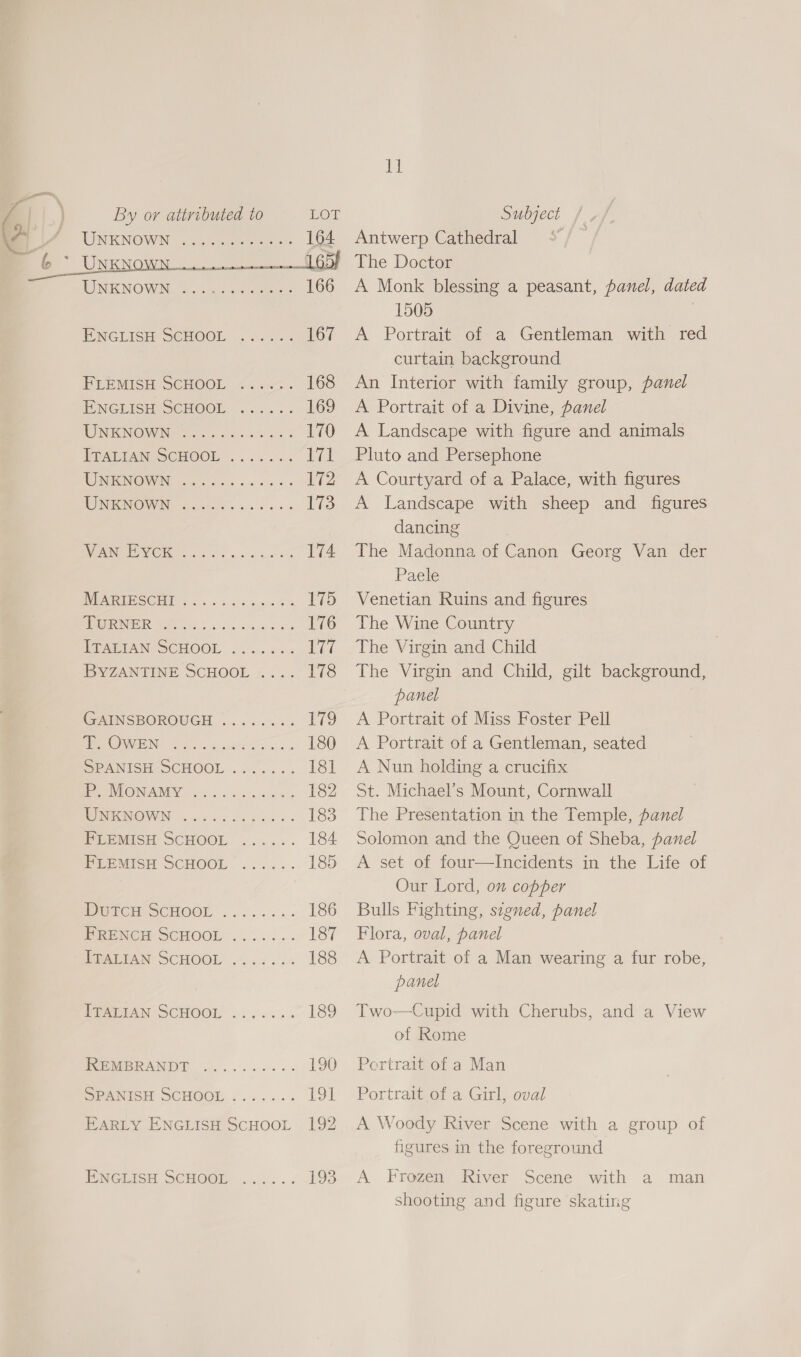  LINK NOW — sc.5o eee ws 162 6 * UnK Bet 165} CUNACNO WIN Se ce tee 166 PNGLICH SCHOOL .. pu. 167 ie MISH SCHOOL, &lt;4 «x. 168 Te NGEISHMSCHOOEL oc... 169 WINENOW Niet oo 5-5. es eas 170 TERATIEAN SCHOOL fo ss). 0 yas LER RS ON Ve WOINIRONIONVEN, Gosctae sca. cs ie NANG Cle 2. wks 174 WOVE SOD 65 ..c hse se Bt Las WER BW ns. oss ek 176 ERA TAN SCHOOL 25. =. Lee BYZANTINE SCHOOL 178 GAINSBOROUGH ........ 179 SOME ND (4, cdo... 5 180 SPANISH- SCHOOL .....&lt;. 181 eae IOINGAINEY 605s cdeeng tes bes 182 HUGOMOWIN ccd are ac ced 183 FLEMISH SCHOOL ...... 184 PLEMISH SCHOOL’...... 185 WUTCH SCHOOL ......+. 186 meme NCH SCHOOL... 55: 187 MPATTAN SCHOOL .-.... 188 PP eDAN SCHOOL ooo .% os 189 IVEMUBRANDE ......06.% 190 SPANIGH SCHOOL &lt;...... 191 EARLY ENGLISH SCHOOL 192 ENGLISH SCHOOL I] Antwerp Cathedral The Doctor A Monk blessing a peasant, panel, dated 1505 A Portrait of a Gentleman with red curtain background An Interior with family group, panel A Portrait of a Divine, panel A Landscape with figure and animals Pluto and Persephone A Courtyard of a Palace, with figures A Landscape with sheep and figures dancing The Madonna of Canon Georg Van der Paele Venetian Ruins and figures The Wine Country The Virgin and Child The Virgin and Child, gilt background, panel A Portrait of Miss Foster Pell A Portrait of a Gentleman, seated A Nun holding a crucifix St. Michael’s Mount, Cornwall The Presentation in the Temple, panel Solomon and the Queen of Sheba, panel A set of four—Incidents in the Life of Our Lord, on copper Bulls Fighting, signed, panel Flora, oval, panel A Portrait of a Man wearing a fur robe, panel Two—Cupid with Cherubs, and a View of Rome Pertrait of a Man Portrait of a Girl, oval A Woody River Scene with a group of figures in the foreground A Frozen River Scene with a shooting and figure skating Man