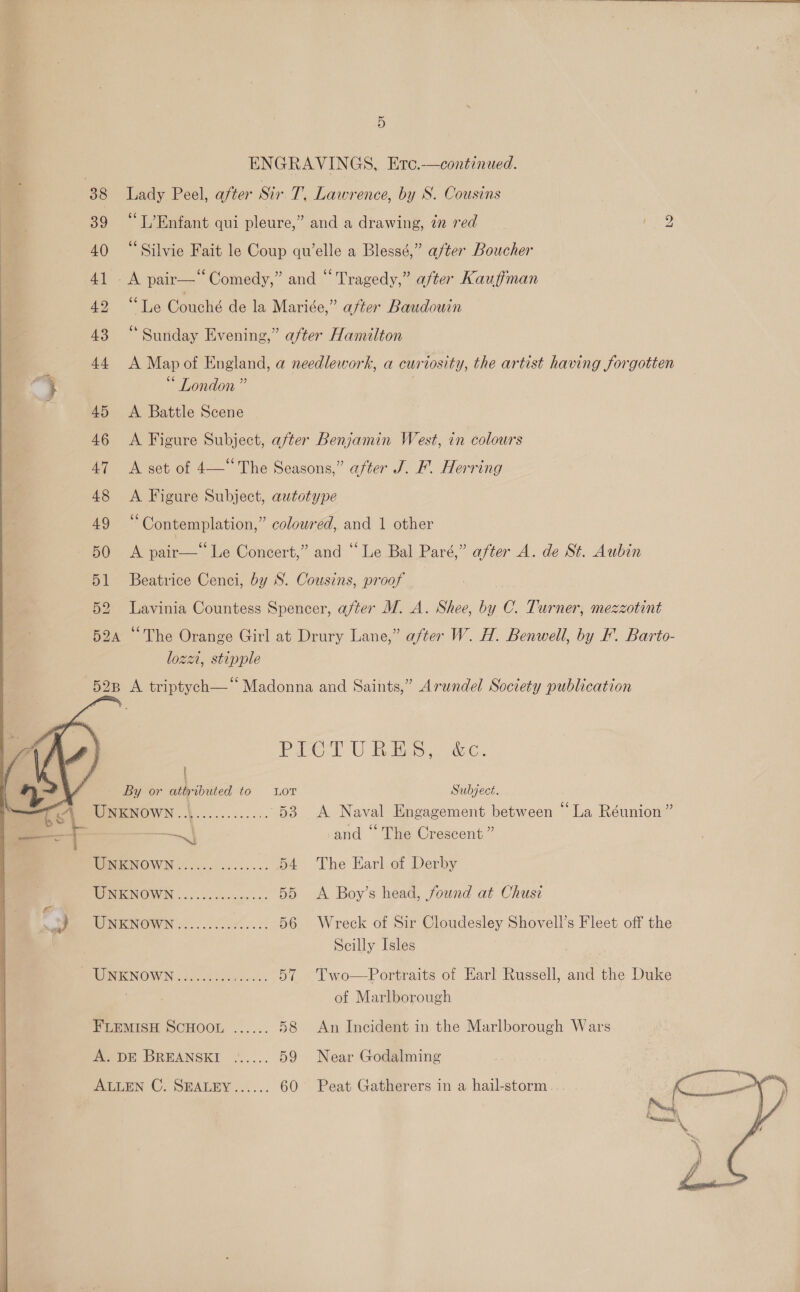 ENGRAVINGS, Etc.-—continued. 38 Lady Peel, after Sir T. Lawrence, by S. Cousins 39 “T’Enfant qui pleure,” and a drawing, in red 40 “Silvie Fait le Coup qu’elle a Bless¢,” after Boucher 41 A pair—‘‘ Comedy,” and “Tragedy,” after Kauffman wo le Couché de la Mariée,” after Baudowin 48 “Sunday Evening,” after Hamilton bo  44. A Map of England, a needlework, a curiosity, the artist having forgotten * London ” | 45 <A Battle Scene 46 <A Figure Subject, after Benjamin West, in colours 47 <A set of 4—* The Seasons,” after J. F. Herring 48 A Figure Subject, autotype age Contemplation,” coloured, and 1 other 50 <A pair— Le Concert,” and “Le Bal Paré,” after A. de St. Aubin 51 Beatrice Cenci, by S. Cousins, proof 52 Lavinia Countess Spencer, after M. A. Shee, by C. Turner, mezzotint 52a “The Orange Girl at Drury Lane,” after W. H. Benwell, by F. Barto- lozai, stipple 528 A triptych— Madonna and Saints,” Arundel Society publication Pace. U Rao wc. : By or pued (Oo. LOT Subject. MINGNOWN..1....-....... 53 A Naval Engagement between “La Réunion” a and “ The Crescent” WOMWENOWN o..... .06...5. 54 The Earl of Derby OIIONIOW IN oo ciccinee sss 55 <A Boy’s head, found at Chusi EIGKNOWN ©.....0..%.... 56 Wreck of Sir Cloudesley Shovell’s Fleet off the Scilly Isles BAO INIKNOWN {05.cca cosas 57 Two—Portraits of Earl Russell, and the Duke : of Marlborough FLEMISH SCHOOL ...... 58 An Incident in the Marlborough Wars Ay DE BREANSKI /..... 59 Near Godalming ALLEN C. SEALEY...... 60 Peat Gatherers in a hail-storm  