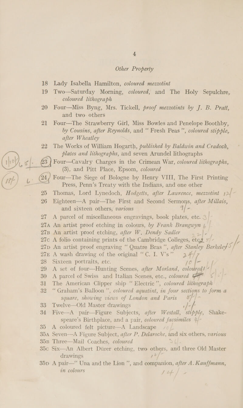 Other Property 18 Lady Isabella Hamilton, coloured mezzotint 19 Two—Saturday Morning, coloured, and The Holy Sepulchre,. coloured lithograph 20 Four—Miss Byng, Mrs. Tickell, proof mezzotints by J. B. Pratt, and two. others 21 Four—The Strawberry Girl, Miss Bowles and Penelope Boothby, by Cousins, after Reynolds, and “ Fresh Peas ’’, coloured stipple,. after Wheatley 22 The Works of William Hogarth, published by Baldwin and Cradock, plates and lithographs, and seven Arundel lithographs Four—Cavalry Charges in the Crimean War, coloured lithographs, (3), and Pitt Place, Epsom, coloured (A ) Four—The Siege of Bologne by Henry VIII, The First Printing  ~~ and sixteen others, various 27 A parcel of miscellaneous engravings, book plates, etc. &lt; 3} 274 An artist proof etching in colours, by Frank Brangwyn 4 | 278 An artist proof etching, after W. Dendy Sadler af-, 27c A folio containing prints 2 the ame icge Colleges, etog ¥ fp 27D An artist proof engraving “‘ Quatre Bras ”’, after Stanley ee Y 27&amp; A wash drawing of the original “C. 1. V’s” 34/7 28 Sixteen portraits, etc. LOT 2% 29 A set of four—Hunting Scenes, after Morland, colouredt | 30 &lt;A parcel of Swiss and Italian Scenes, etc., coloured 31 The American Clipper ship “ Electric ’’, coloured a a 32 “Graham’s Balloon ’’, coloured aquatint, in four sections to form a square, showing views of London and Paris S//- 33 Twelve—Old Master drawings fe / 34 Five—A pair—Figure Subjects, after Westall, stepple, Shake- speare’s Birthplace, and a pair, coloured facsimiles 4/- 30 A coloured felt picture—A Landscape 304 Seven—A Figure Subject, after P. Delaroche, and six others, various 30B Three—Mail Coaches, coloured 35c Six—An Albert Diirer etching, two others, all three Old Master drawings Ia 35D A pair— Una and the Lion ’’, and companion, after A. Kauffmann, an colours J ed