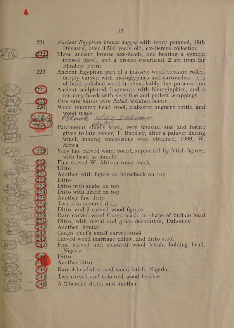 221 Ancient Egyptian bronze dagger with ivory pommel, 18th La mae | Dynasty, over 3,500 years old, ex-Berens collection 2/7/6 / En Three ancient bronze axe-heads, one bearing a symbol i aide incised (rare), and a bronze spearhead, 2 are from Sir : Flinders Petrie : 223 Ancient Egyptian part of a massive wood treasure coffer, deeply carved with hieroglyphics and cartouches ; it is of hard polished wood in remarkably fine preservation Ancient sculptured fragments with hieroglyphics, and a mummy hawk with very fine and perfect wrappings Five rare knives with flaked obsidian blades Wood mummy head stool, alabaster unguent bottle, and wood Tnag kenny igh » weer fie Ma pet AMER %. fi. ae  ; Deane A raat S “Stool, very unusual size and form ; / given to late owner, T. Buckley, after a palaver during which mining concessions were obtained, 1909, W. Africa : Very fine carved warri board, supported by fetish figures, with head as handle Fine carved W. African wood mask Ditto Another with figure on horseback on top Ditto Ditto with snake on top Ditto with lizard on top Another fine ditto Two skin-covered ditto Ditto, and 2 carved wood figures Rare carved wood Congo mask, in shape of buffalo head Ditto, with metal and grass decoration, Dahomey Another, similar Congo chief’s small carved stool Carved wood marriage pillow, and ditto stool Fine carved and coloured wood fetish, holding head, Nigeria Ditto Another ditto Rare 4-headed carved wood fetish, Nigeria Two carved and coloured wood fetishes. A 2-headed ditto, and another  << 