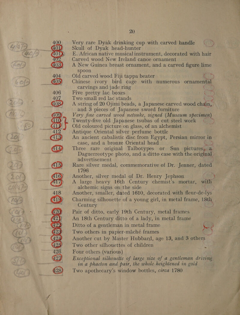  aS pk bo 89 2438 6   20 Very rare Dyak drinking cup with carved handle Skull of Dyak head-hunter E. African native musical instrument, decorated with hair Carved wood New Ireland canoe ornament A New Guinea breast ornament, and a carved figure lime spoon Old carved wood Fiji tappa beater . ‘ Chinese ivory bird cage with numerous ornamental carvings and jade ring Five pretty lac boxes ee) Two small red lac stands aus A string of 20 Ojimi beads, a Japanese carved wood chain, and 3 pieces of Japanese sword furniture Very fine carved wood netsuke, signed (Museum specvman) Twenty-five old Japanese tsubas of cut steel work Old coloured picture on glass, of an alchemist Antique Oriental silver perfume bottle An ancient cabalistic disc from Egypt, Persian mirror in case, and a bronze Oriental head 3 Three rare original Talbotypes or Sun pictures a. Daguerreotype photo, and a ditto case with the original advertisement Rare silver medal, commemorative of Dr. Jenner, dated 1796 | Another, silver medal of Dr. Henry Jephson aed A large heavy 16th Century chemist’s mortar, with alchemic signs on the side Another, smaller, dated 1610, decorated with fleur-de-lys Charming silhouette of a young girl, in metal frame, Leh Century . Pair of ditto, early 19th Century, metal frames An 18th Century ditto of a lady, in metal frame Ditto of a gentleman in metal frame | b } Two others in papier-maché frames wv Another cut by Master Hubbard, age 13, aah 3 others” Two other silhouettes of children Four others (various) Exceptional silhouette of large size of a gentleman driving in a phacton and pair, the whole heightened in gold Two apothecary’s window bottles, circa 1780 i is tab fe ae