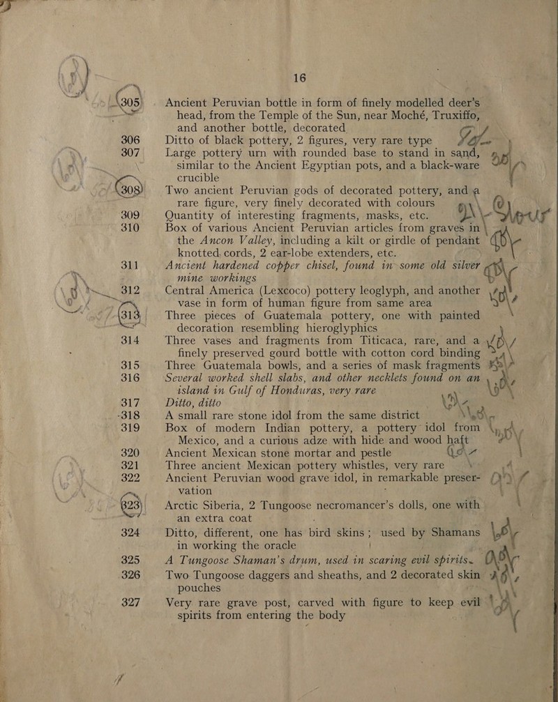 wom 16 Ancient Peruvian bottle in form of finely modelled deer’s head, from the Temple of the Sun, near Moché, Truxifio, and another bottle, decorated. Ditto of black pottery, 2 figures, very rare type Sol. PP Large pottery urn with rounded base to stand in sand, De. crucible Two ancient Peruvian gods of decorated pottery, and @ rare figure, very finely decorated with colours Quantity of interesting fragments, masks, etc. — 6)\\ Sie ia Box of various Ancient Peruvian articles from graves 2\ the Ancon Valley, including a kilt or girdle of pendant knotted, cords, 2 ear-lobe extenders, etc. : Ancient hardened copper chisel, found in~some old silver mine workings \ \0\ vase in form of human figure from same area \ Three pieces of Guatemala pottery, one with painted . decoration resembling hieroglyphics . Three vases and fragments from Titicaca, rare, and a Ke finely preserved gourd bottle with cotton cord binding Three Guatemala bowls, and a series of mask fragments Ke Several worked shell slabs, and other necklets found on an v island in Gulf of H onduras, very rave — Cay Ditto, ditto Lh. A small rare stone idol from the same district \\ o\ ~ Box of modern Indian pottery, a pottery idol fram Ap. “\ ~ Mexico, and a curious adze with hide and wood haft aE Ancient Mexican stone mortar and pestle Lo\7 : Three ancient Mexican pottery whistles, very rare \ 4 Ancient Peruvian wood grave idol, in remarkable preser- (2%) f 5. vation a Arctic Siberia, 2 Tungoose necromancer’s dolls, one with : an extra coat | Ditto, different, one has bird skins ; used ee Shamans \e\ in working the oracle ) A Tungoose Shaman’s drum, used in scaring ae spirits. AA Two: Tungoose daggers and sheaths, and 2 decorated skin ; pouches Very rare grave post, carved with nee to keep evi \- ) spirits from entering the body 